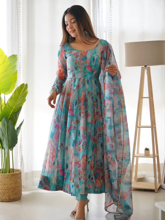 Tabby Organza Silk Kali Pattern Flared Gown with Canvas Patta Dupatta and Pant Set - Jaipuri Vastra