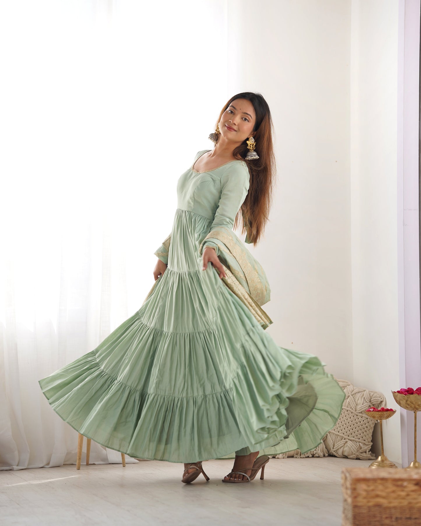 Pure Roman Silk Chanderi Fully Flared Anarkali with Dupatta and Pant Set - Jaipuri Vastra