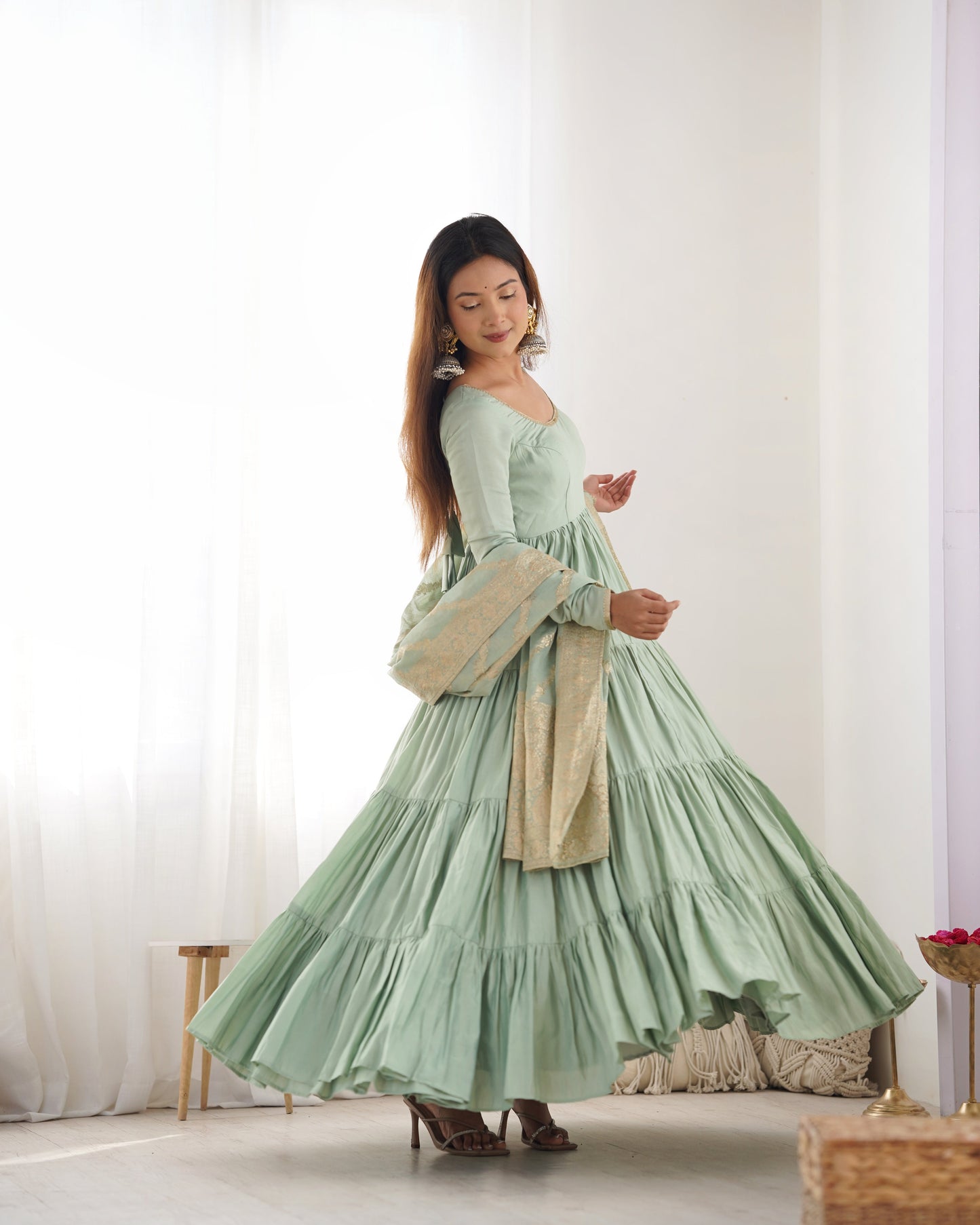 Pure Roman Silk Chanderi Fully Flared Anarkali with Dupatta and Pant Set - Jaipuri Vastra