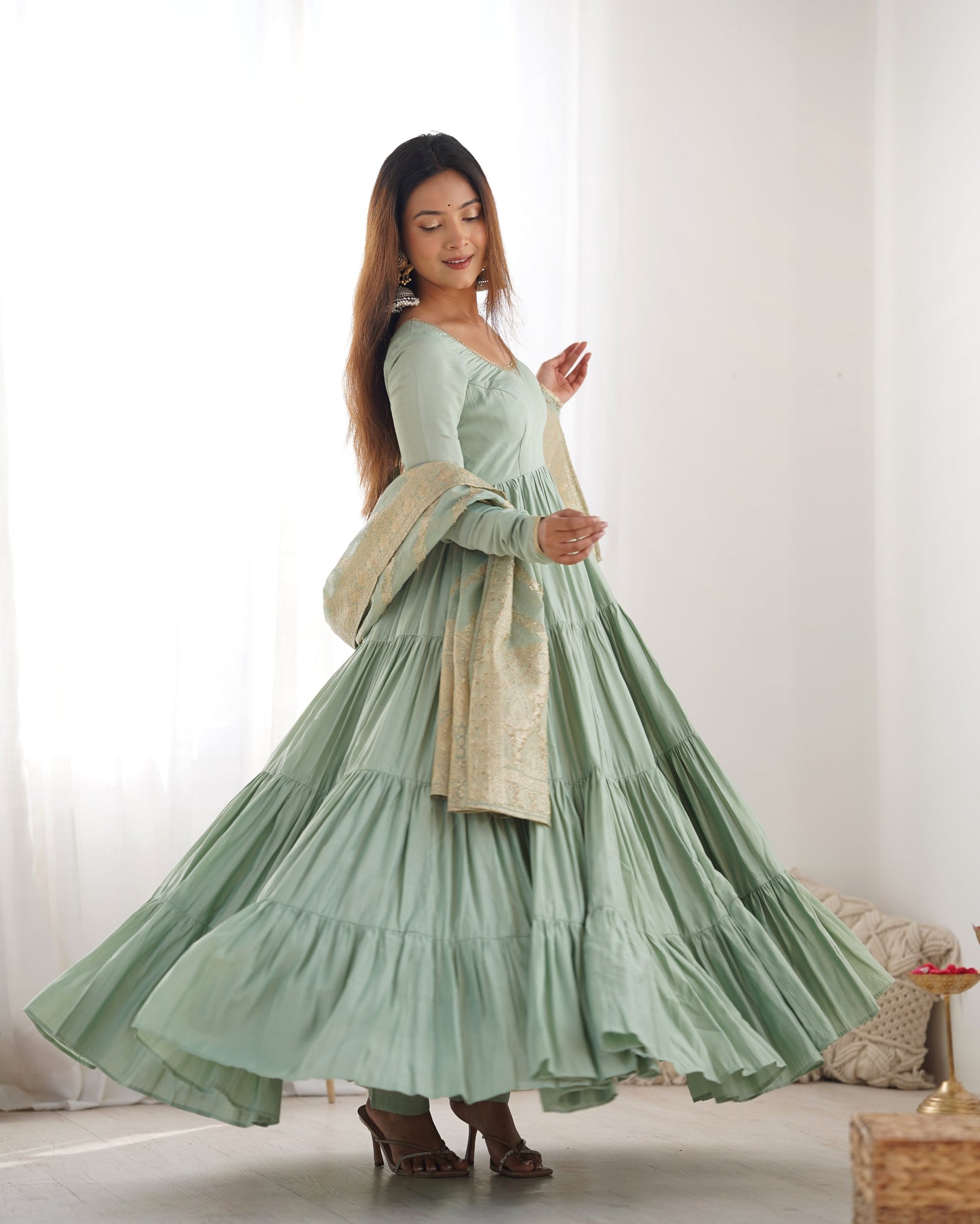 Pure Roman Silk Chanderi Fully Flared Anarkali with Dupatta and Pant Set - Jaipuri Vastra