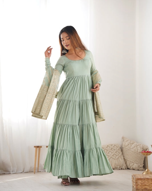 Pure Roman Silk Chanderi Fully Flared Anarkali with Dupatta and Pant Set - Jaipuri Vastra