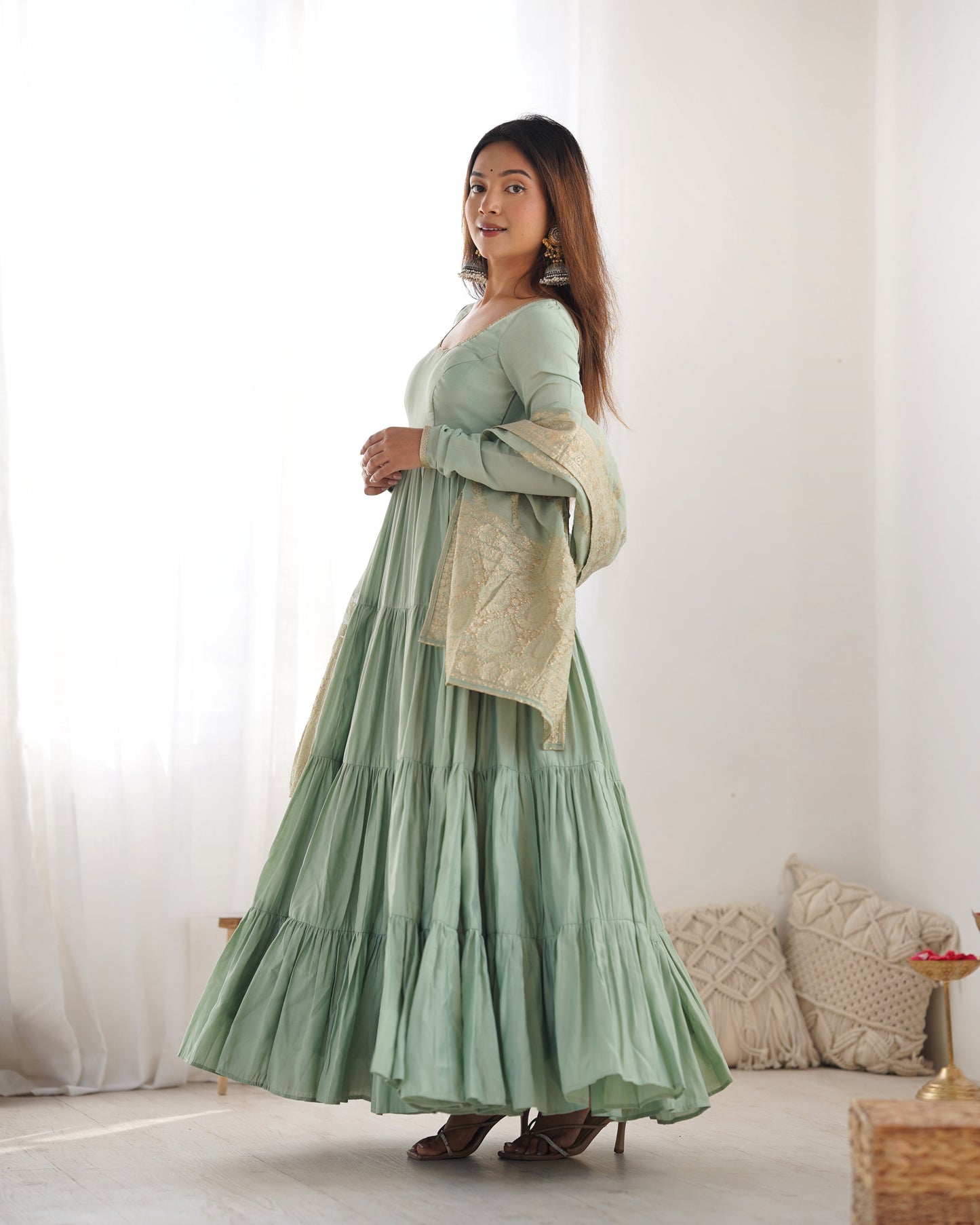 Pure Roman Silk Chanderi Fully Flared Anarkali with Dupatta and Pant Set - Jaipuri Vastra