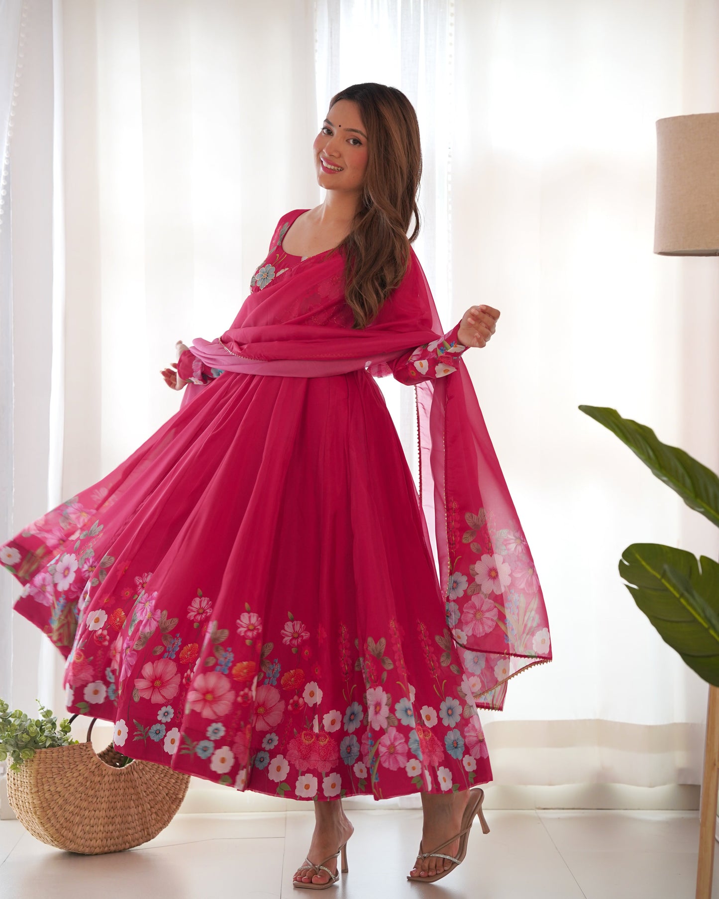 Designer Organza Silk Anarkali with Hand Embroidered Flower Work and Zipper Finish - Jaipuri Vastra