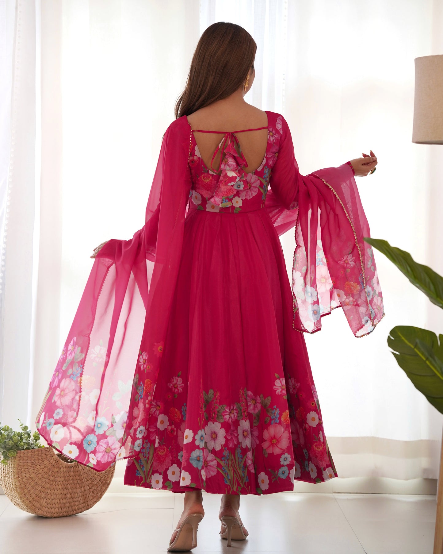 Designer Organza Silk Anarkali with Hand Embroidered Flower Work and Zipper Finish - Jaipuri Vastra