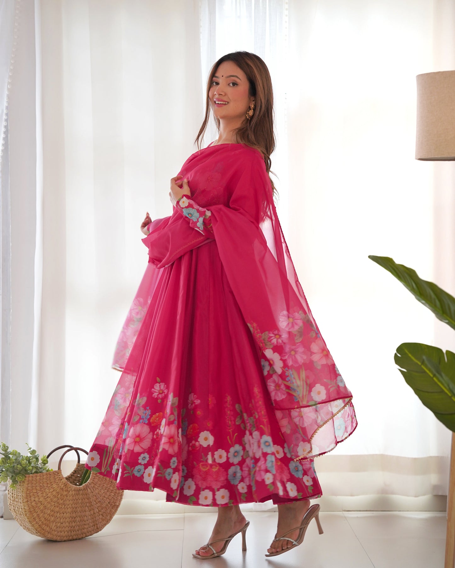 Designer Organza Silk Anarkali with Hand Embroidered Flower Work and Zipper Finish - Jaipuri Vastra