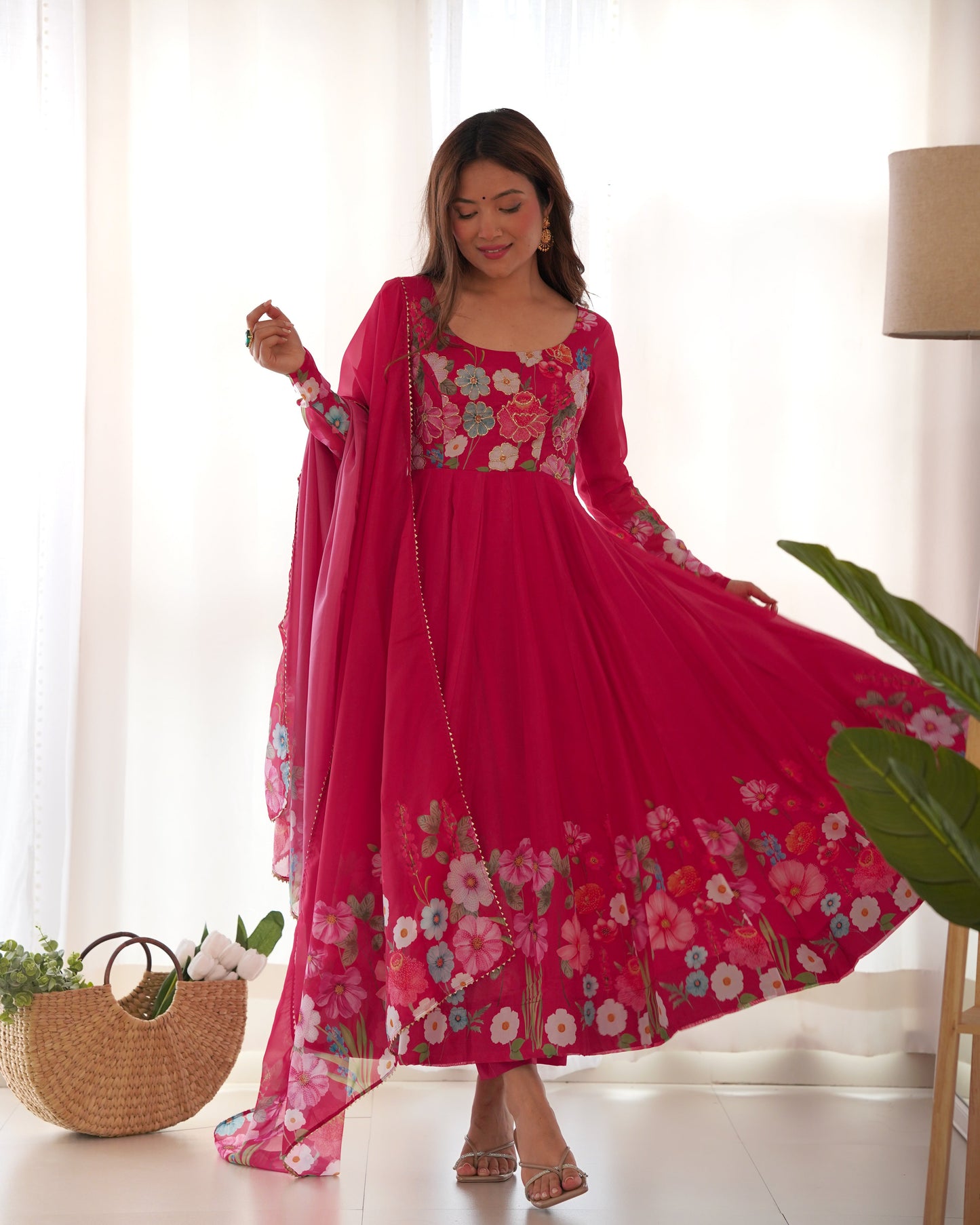 Designer Organza Silk Anarkali with Hand Embroidered Flower Work and Zipper Finish - Jaipuri Vastra