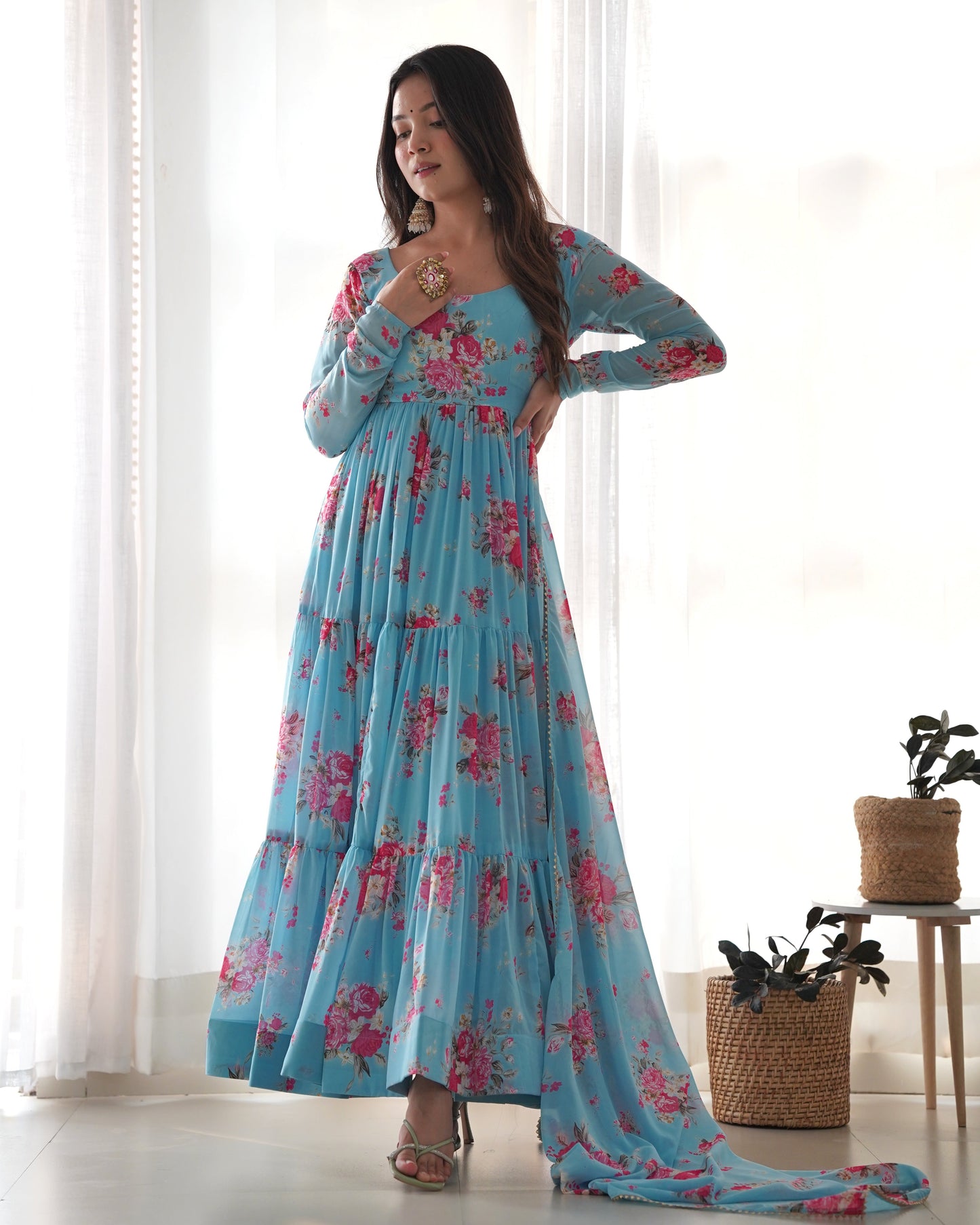 Designer Floral Anarkali in Pure Soft Fox Georgette Fully Flared and Ready to Wear - Jaipuri Vastra