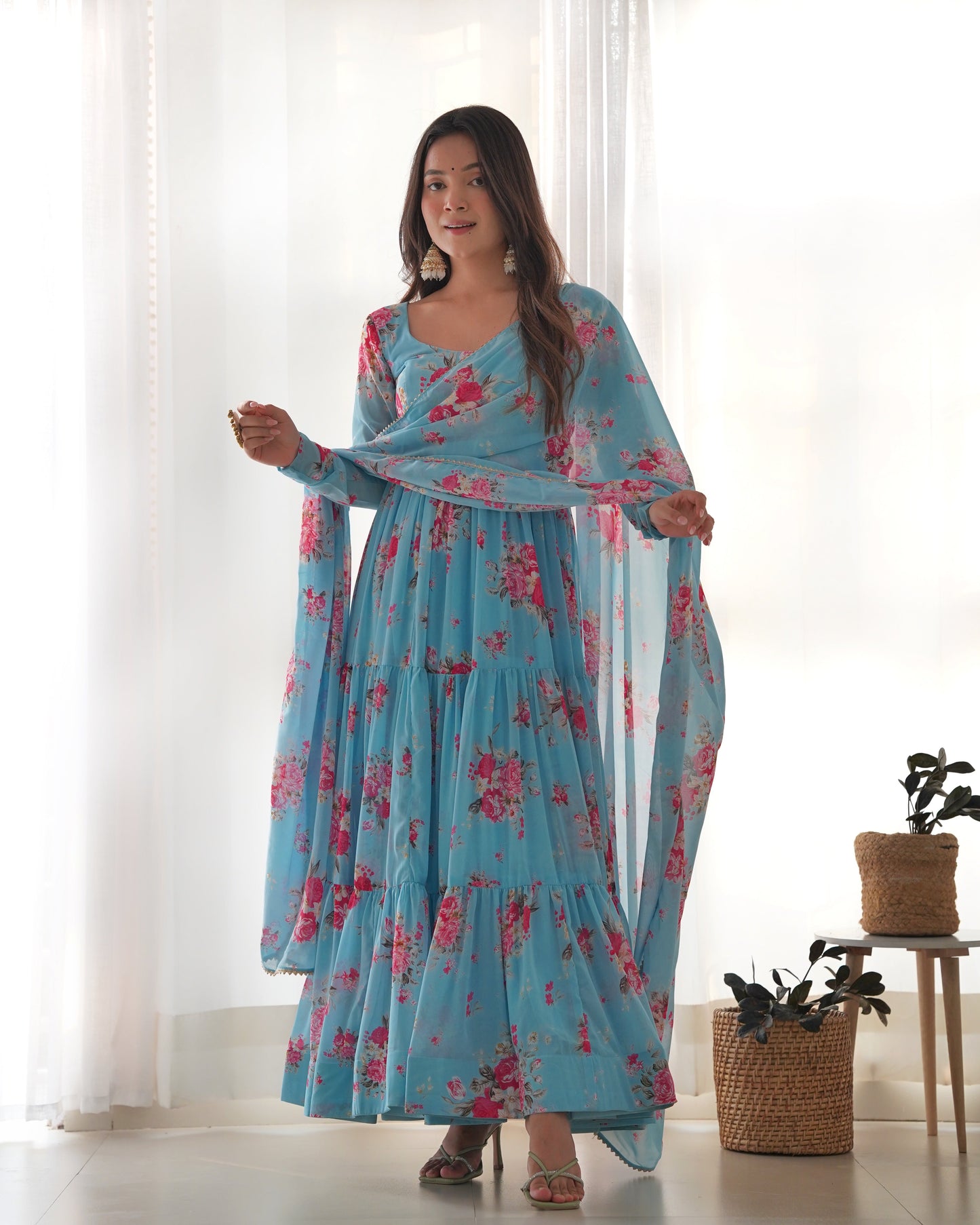 Designer Floral Anarkali in Pure Soft Fox Georgette Fully Flared and Ready to Wear - Jaipuri Vastra