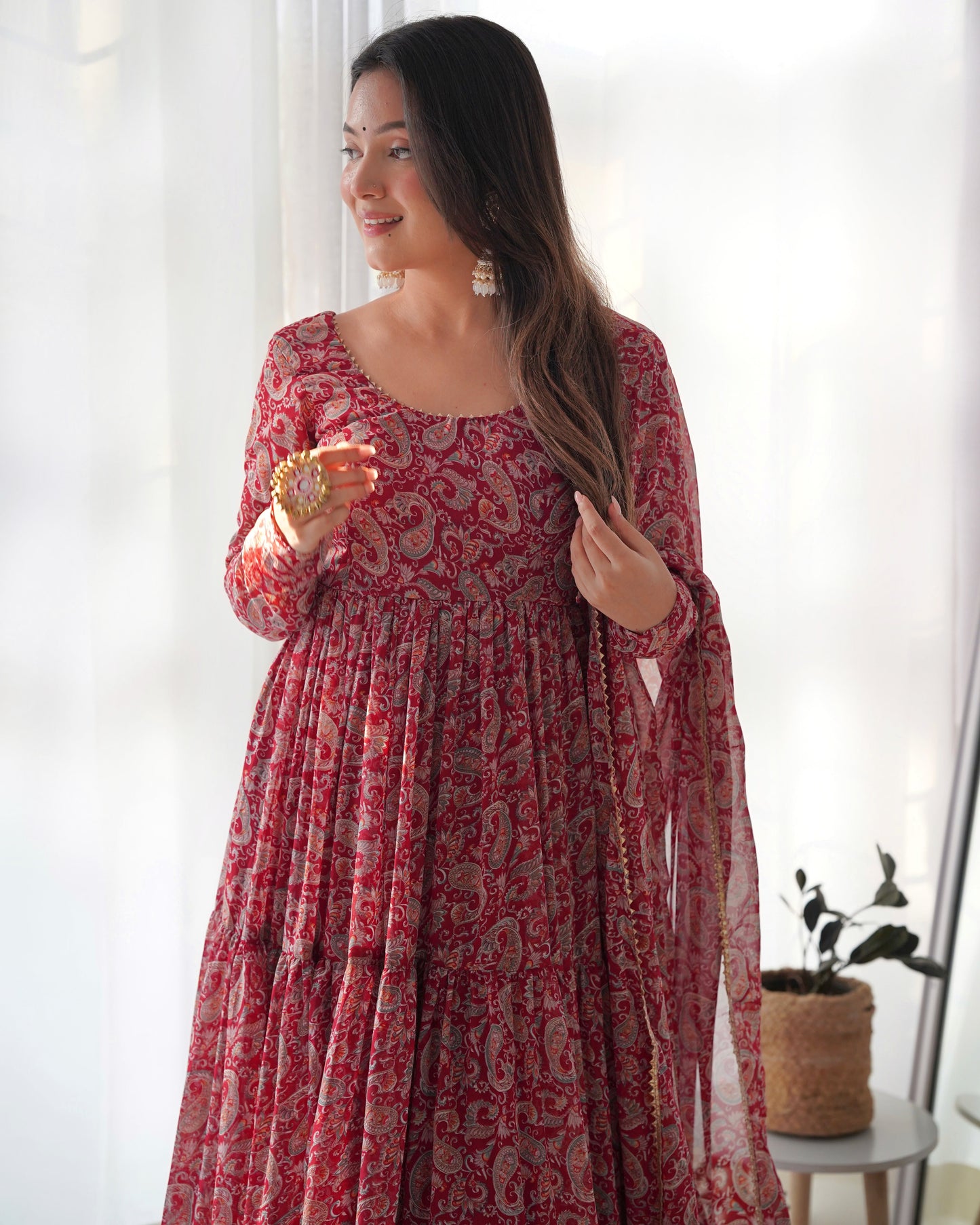 Ready to Wear Kalamkari Print Soft Fox Georgette Anarkali with Dupatta and Pant Set - Jaipuri Vastra