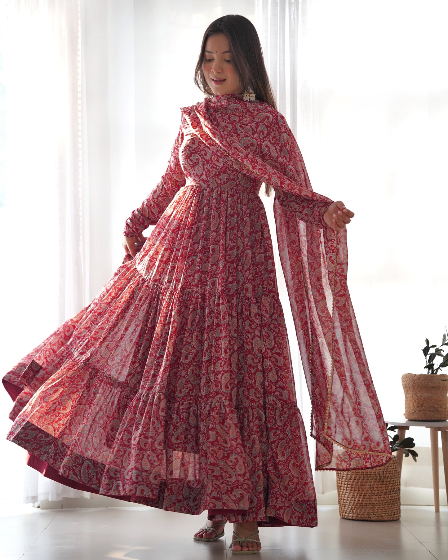 Ready to Wear Kalamkari Print Soft Fox Georgette Anarkali with Dupatta and Pant Set - Jaipuri Vastra