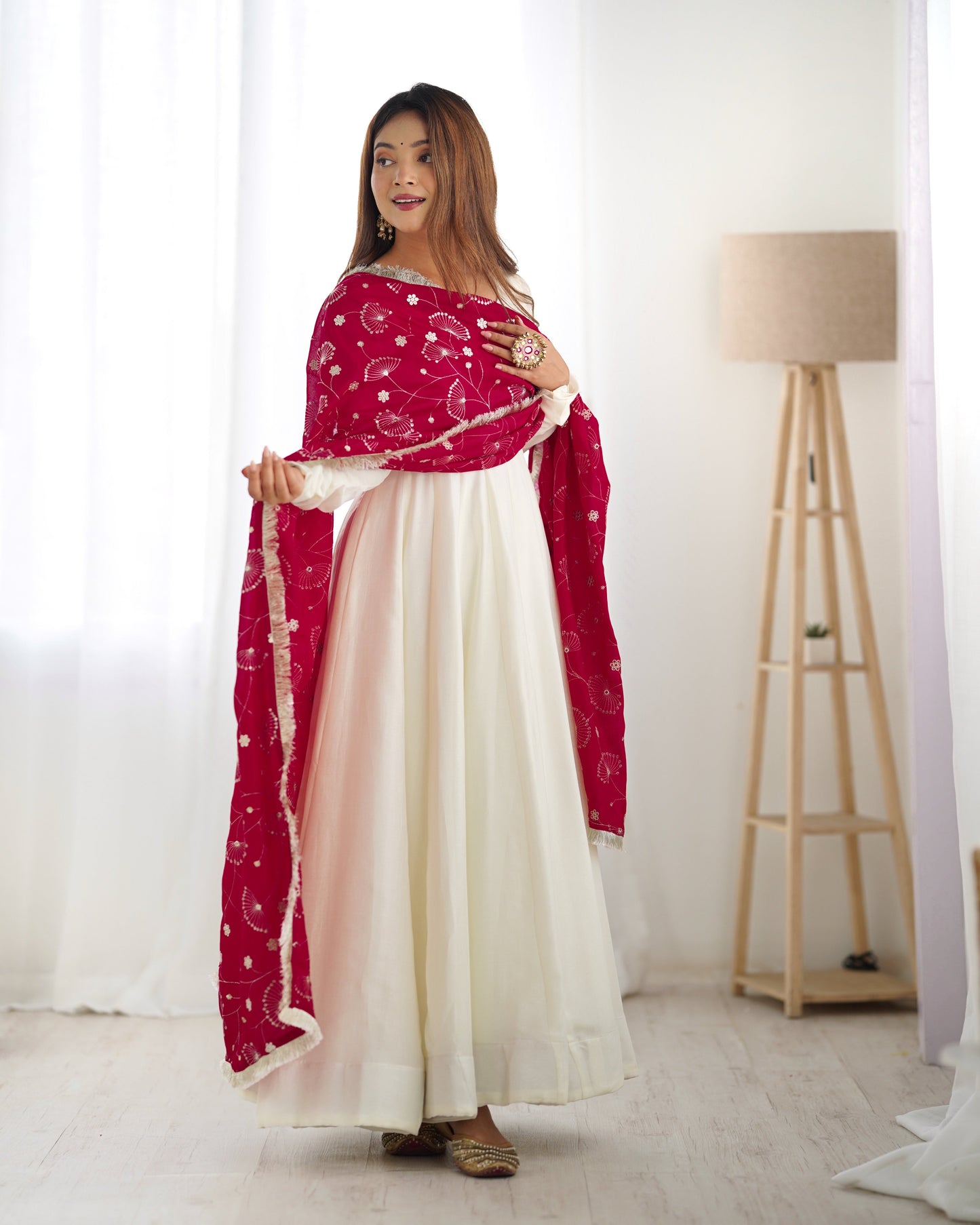 Pure Soft Vichitra Silk Fully Flared Kali Pattern Gown with Dupatta and Pant Set - Jaipuri Vastra