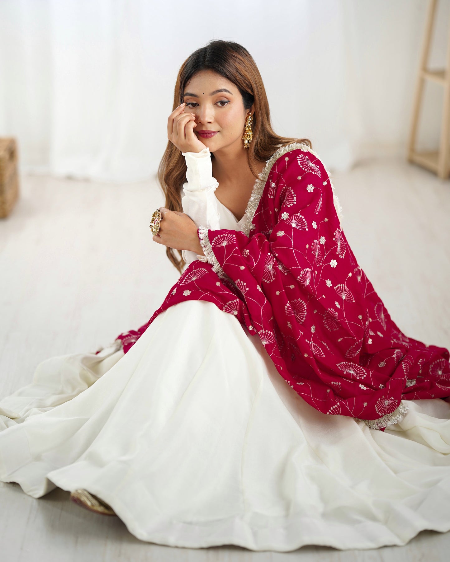 Pure Soft Vichitra Silk Fully Flared Kali Pattern Gown with Dupatta and Pant Set - Jaipuri Vastra