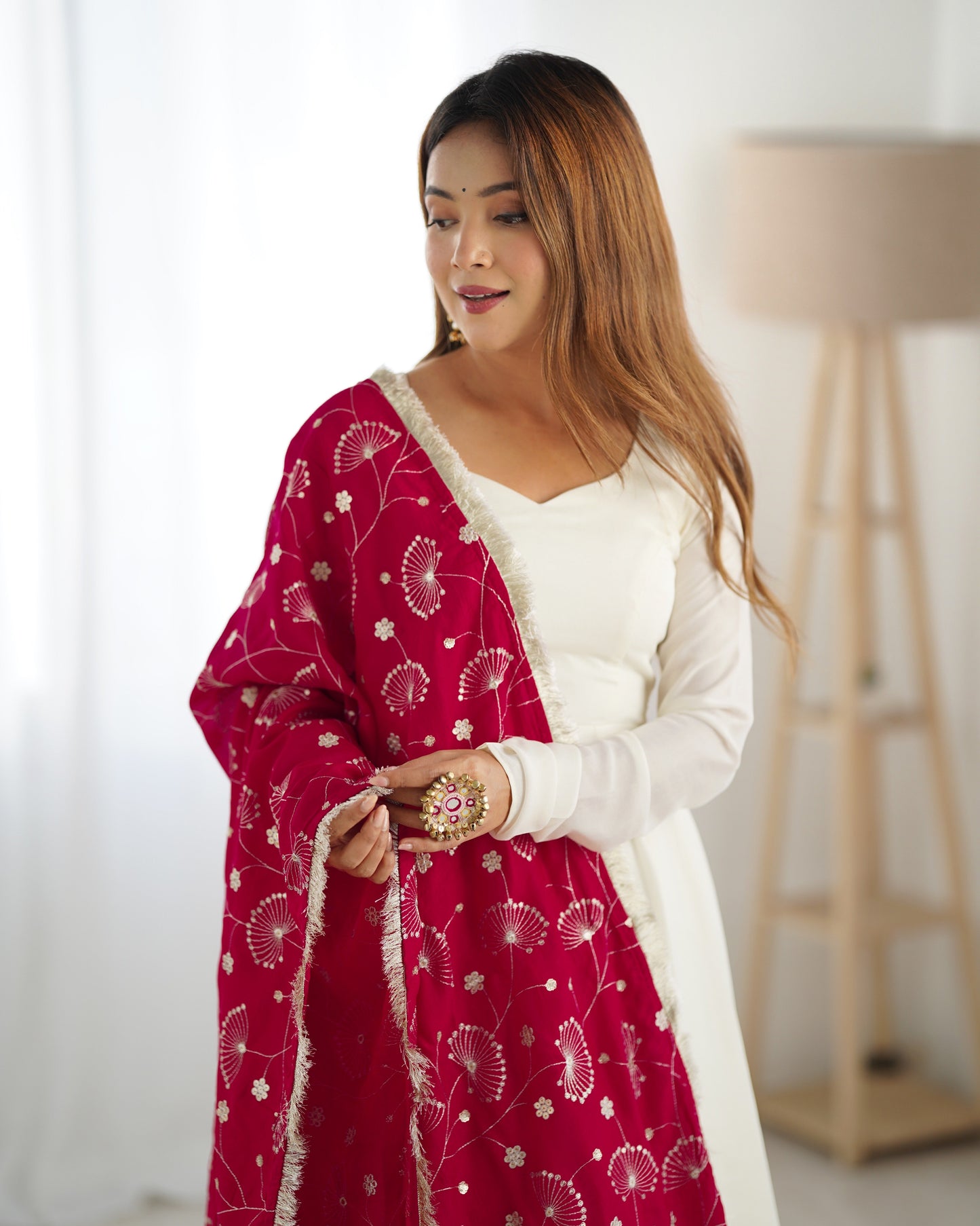 Pure Soft Vichitra Silk Fully Flared Kali Pattern Gown with Dupatta and Pant Set - Jaipuri Vastra