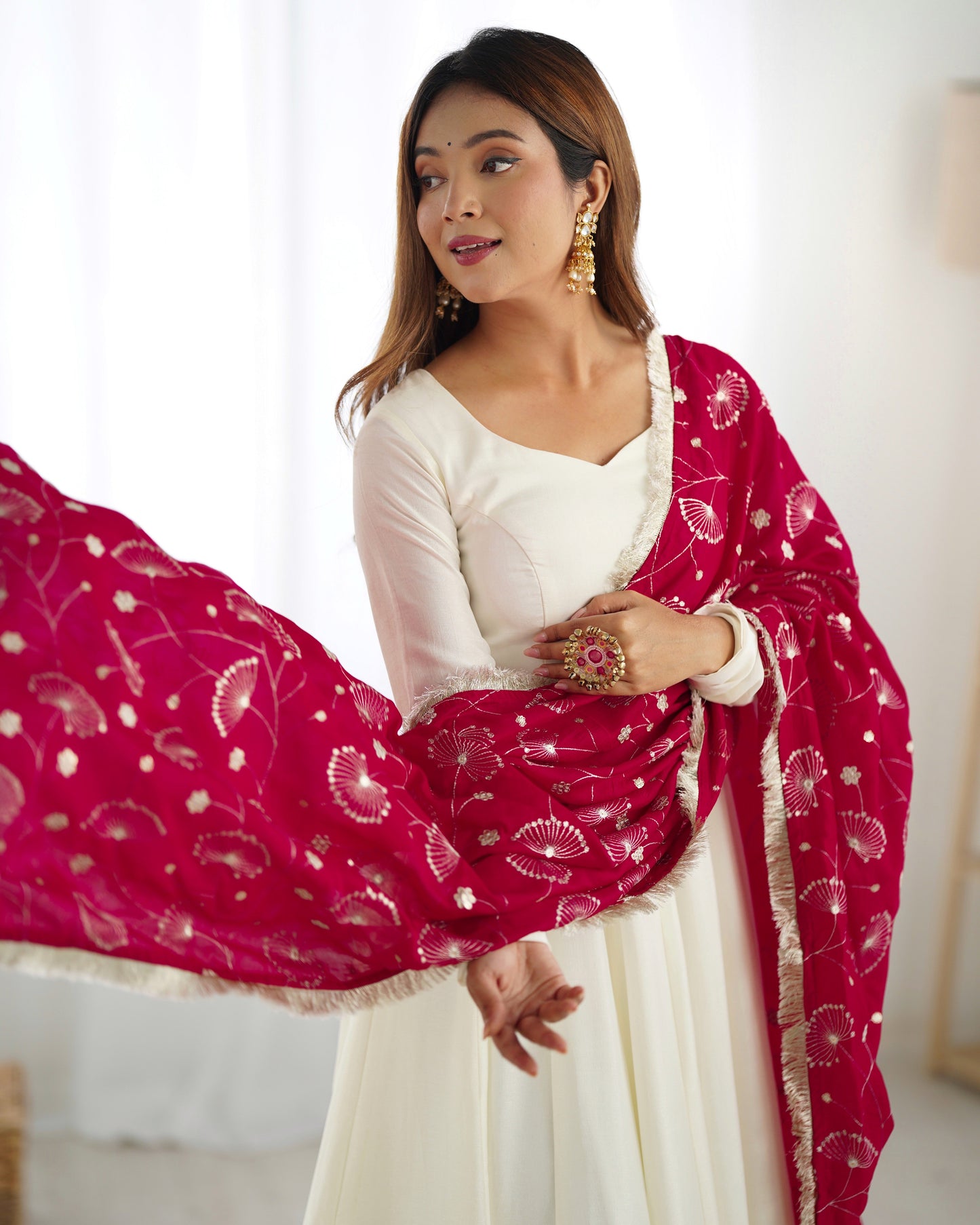 Pure Soft Vichitra Silk Fully Flared Kali Pattern Gown with Dupatta and Pant Set - Jaipuri Vastra