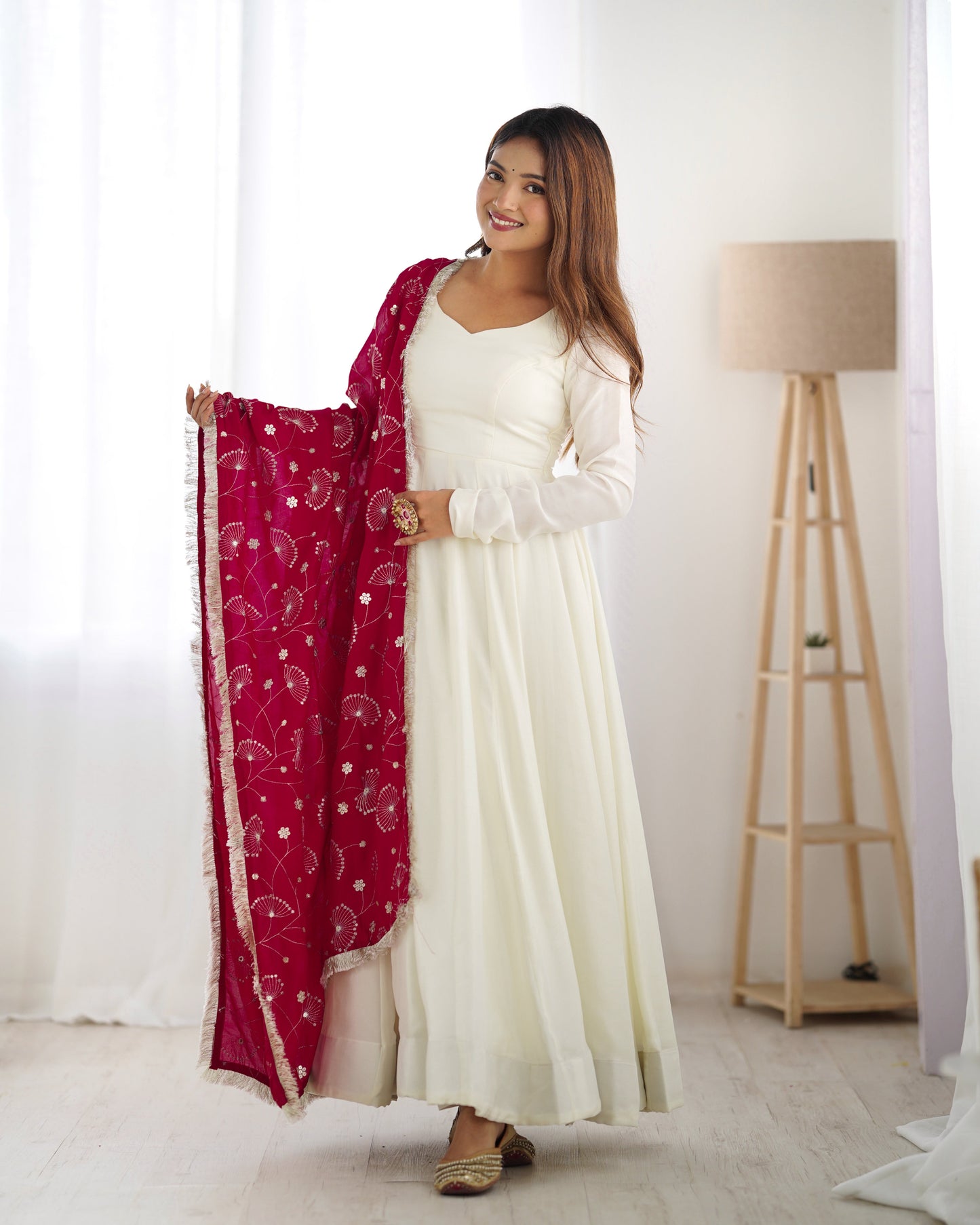 Pure Soft Vichitra Silk Fully Flared Kali Pattern Gown with Dupatta and Pant Set - Jaipuri Vastra