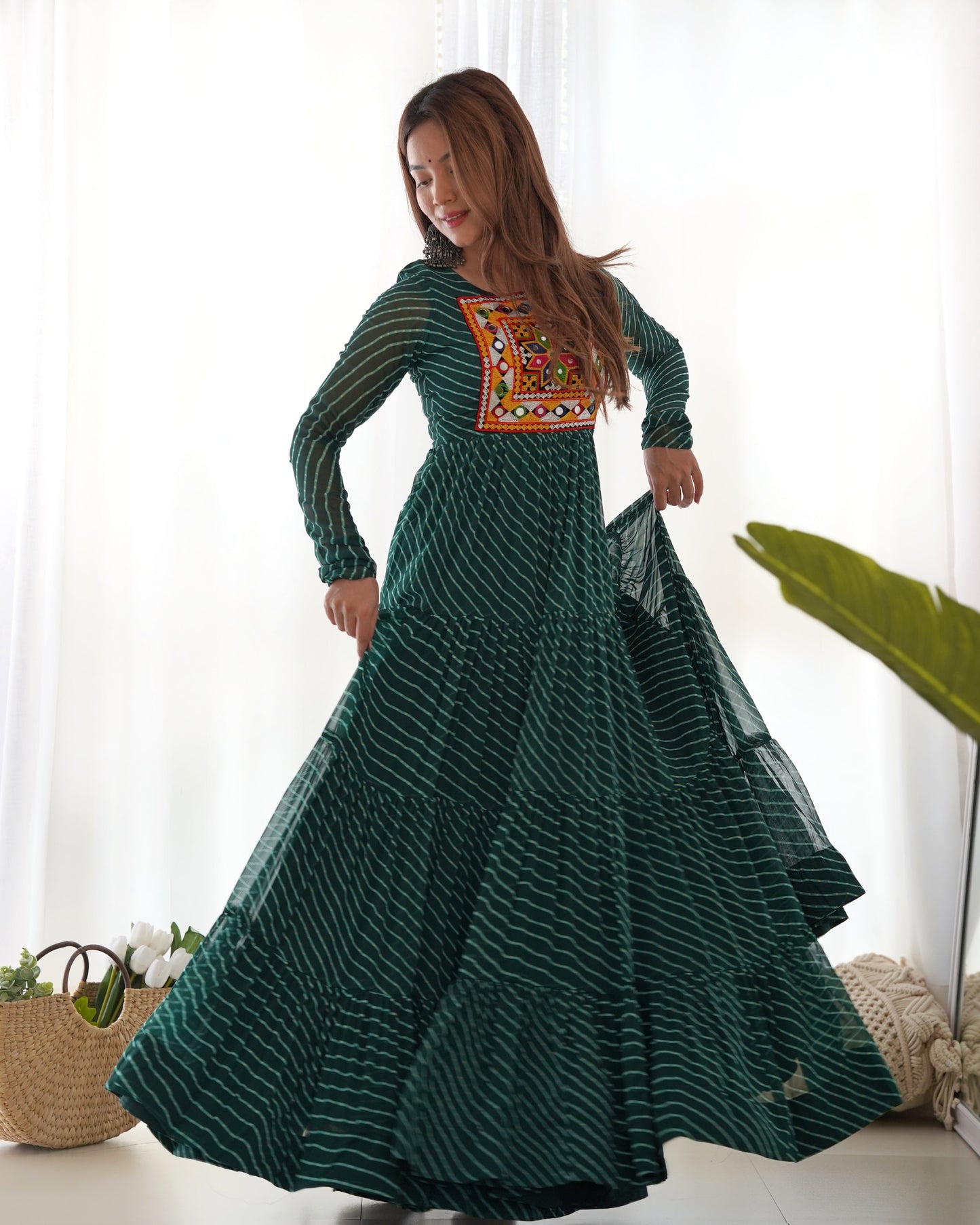 Pure Soft Fox Georgette Laheriya Print Fully Flared Anarkali Gown Ready to Wear - Jaipuri Vastra