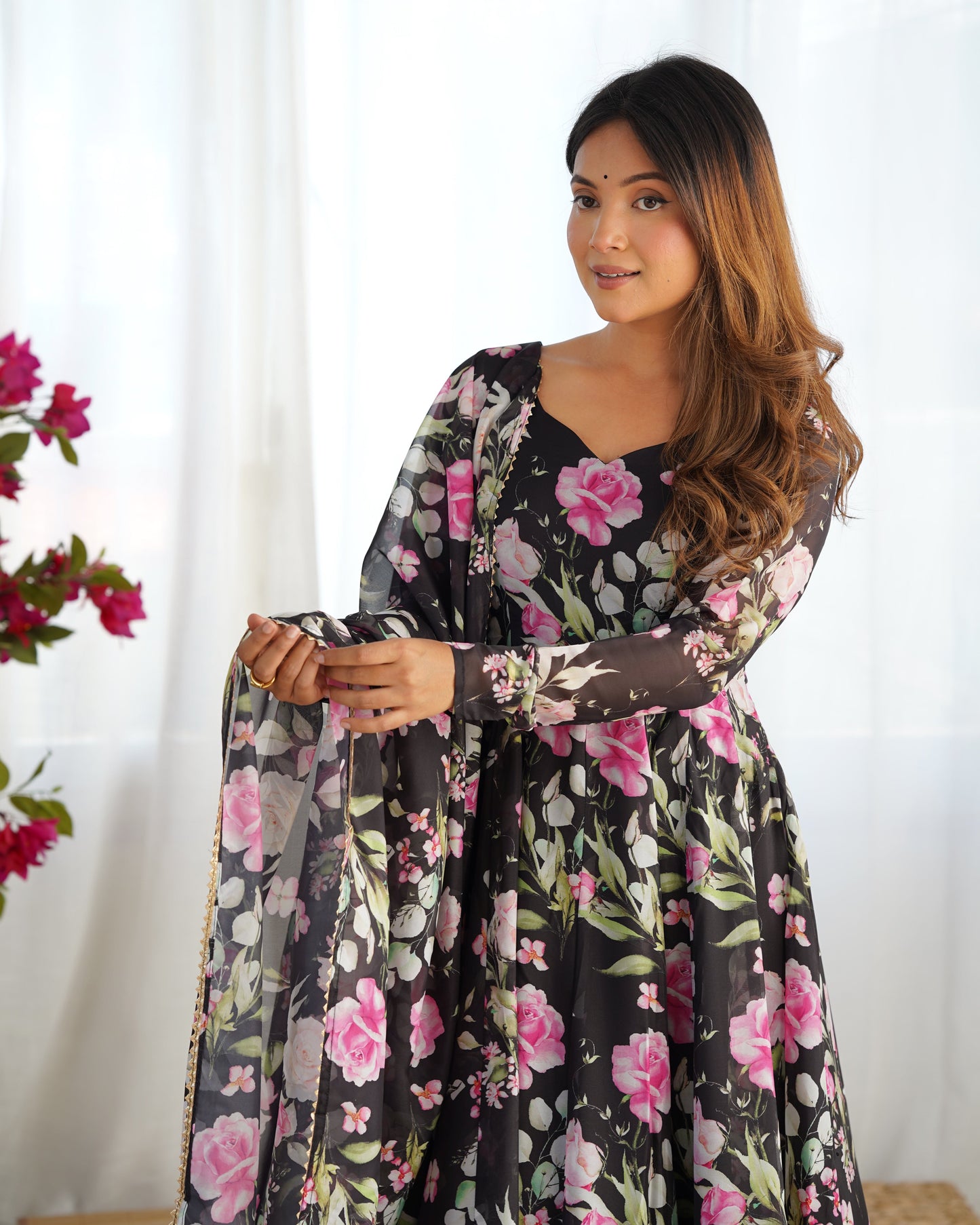 Premium Organza Silk Full-Flare Anarkali with Canvas Trim and Coordinated Dupatta & Pant - Jaipuri Vastra