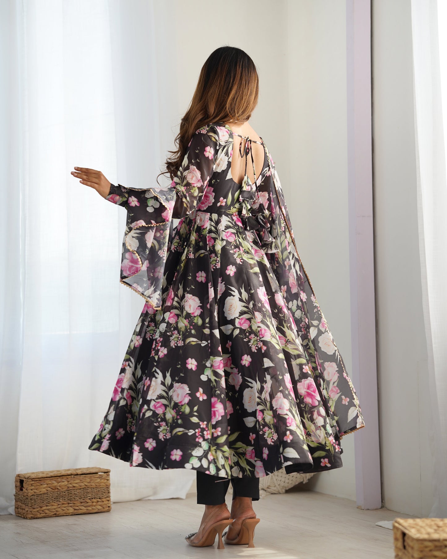 Premium Organza Silk Full-Flare Anarkali with Canvas Trim and Coordinated Dupatta & Pant - Jaipuri Vastra
