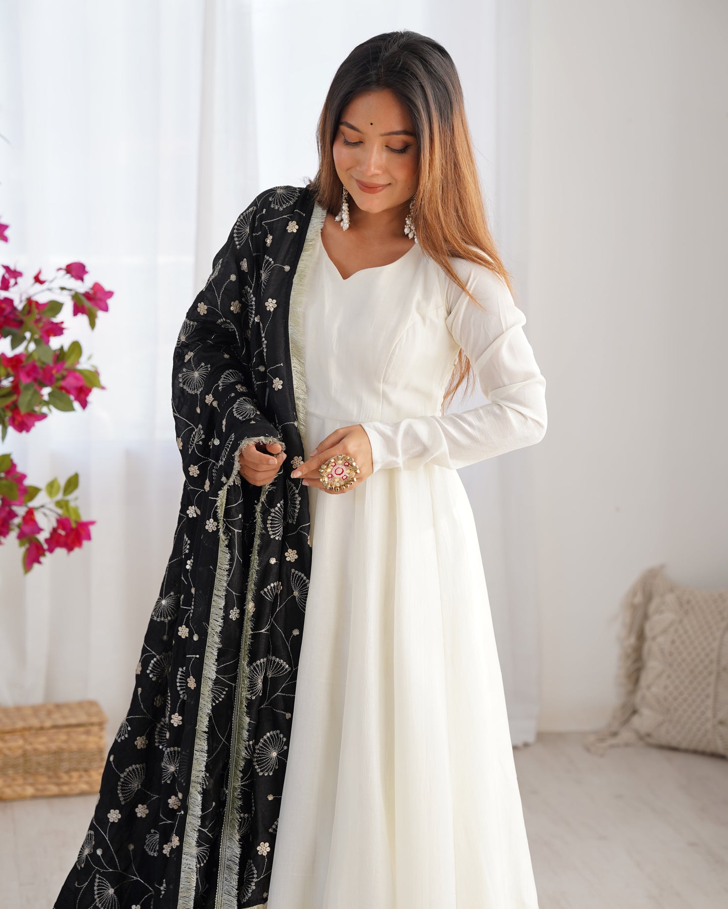 Pure Soft Vichitra Silk Fully Flared Kali Pattern Gown with Dupatta and Pant Set - Jaipuri Vastra
