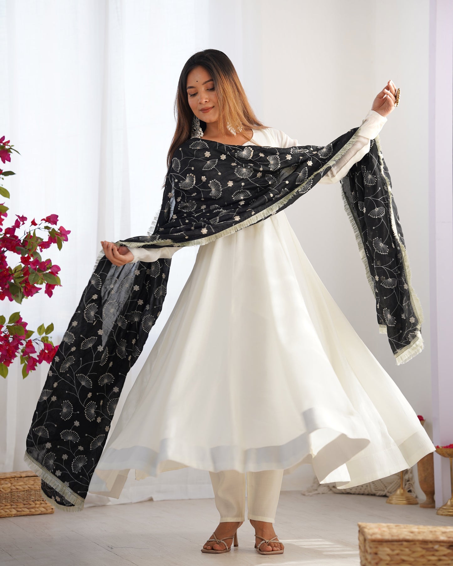 Pure Soft Vichitra Silk Fully Flared Kali Pattern Gown with Dupatta and Pant Set - Jaipuri Vastra