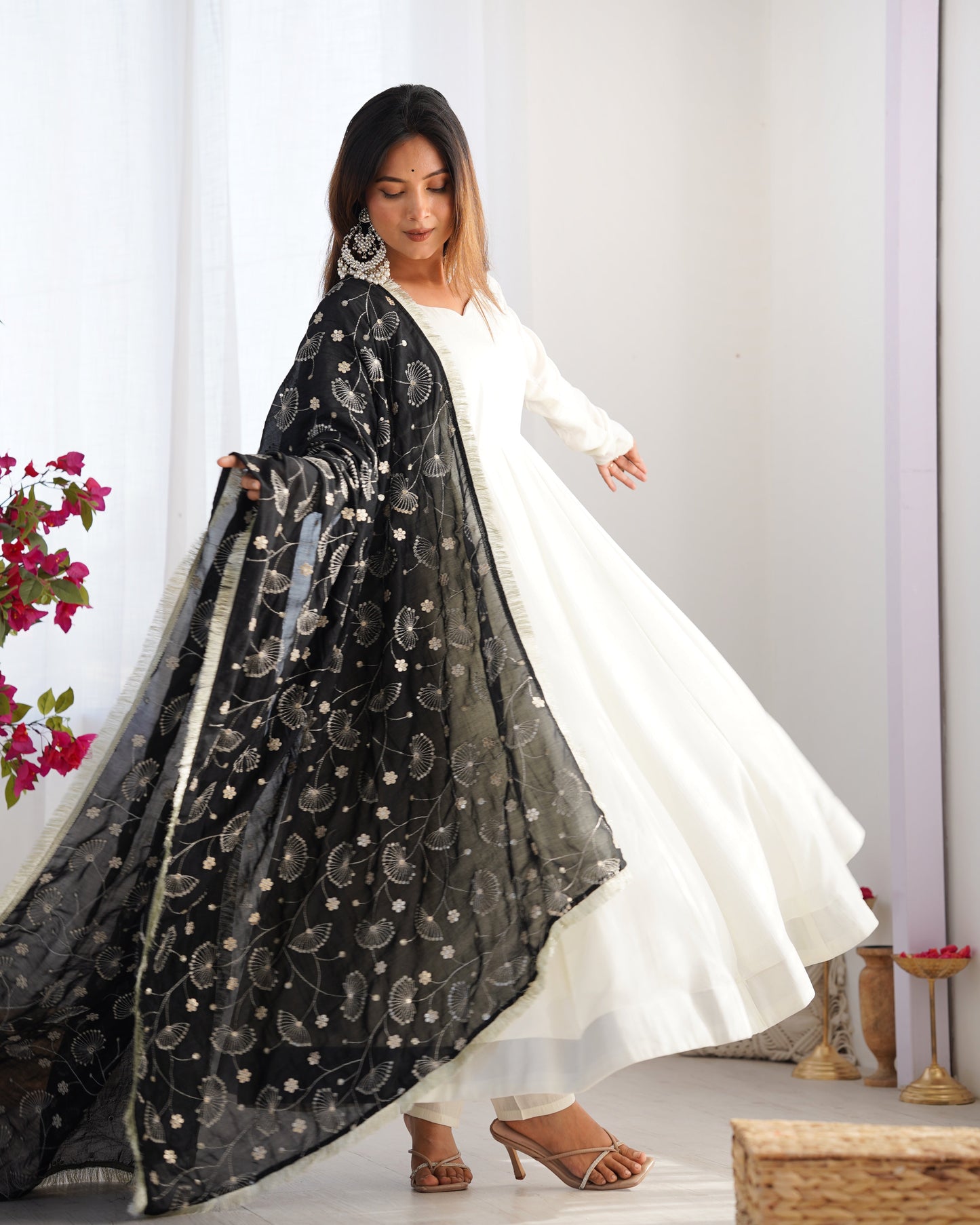 Pure Soft Vichitra Silk Fully Flared Kali Pattern Gown with Dupatta and Pant Set - Jaipuri Vastra
