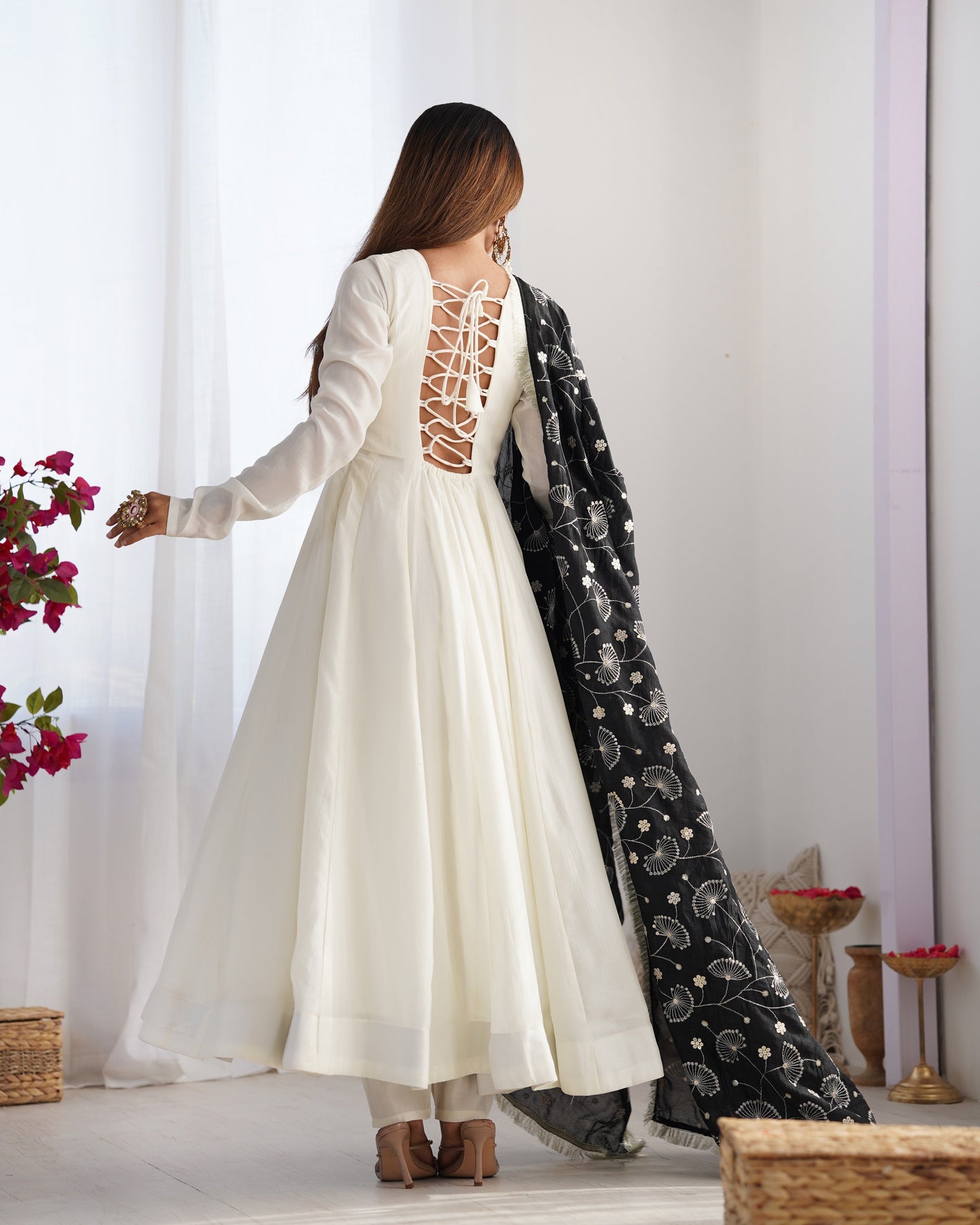 Pure Soft Vichitra Silk Fully Flared Kali Pattern Gown with Dupatta and Pant Set - Jaipuri Vastra
