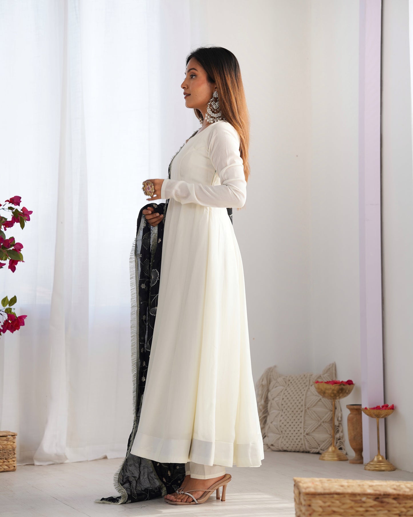 Pure Soft Vichitra Silk Fully Flared Kali Pattern Gown with Dupatta and Pant Set - Jaipuri Vastra