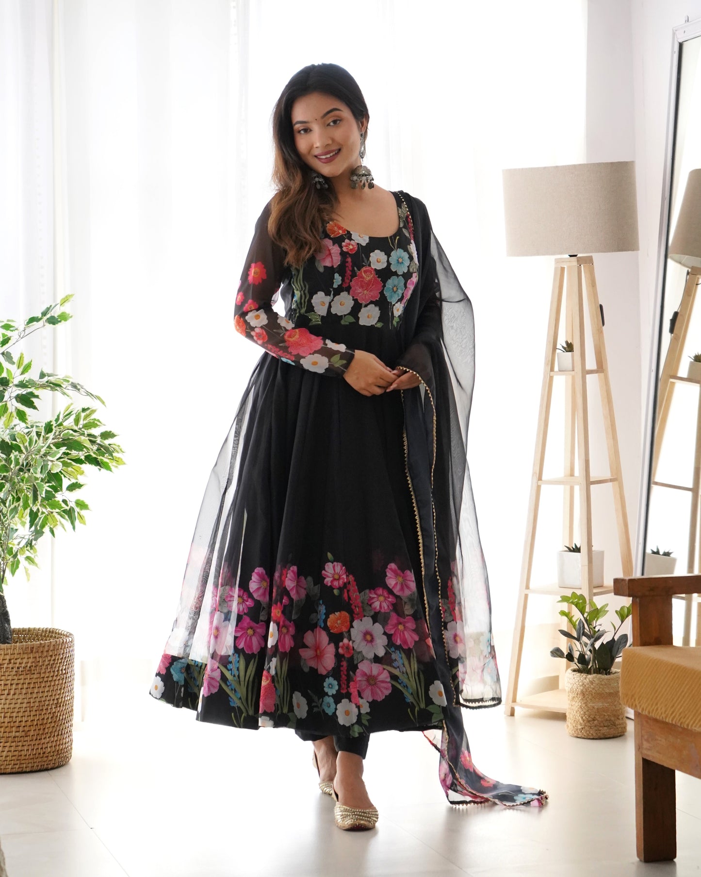 Designer Organza Silk Anarkali with Hand Embroidered Flower Work and Zipper Finish - Jaipuri Vastra