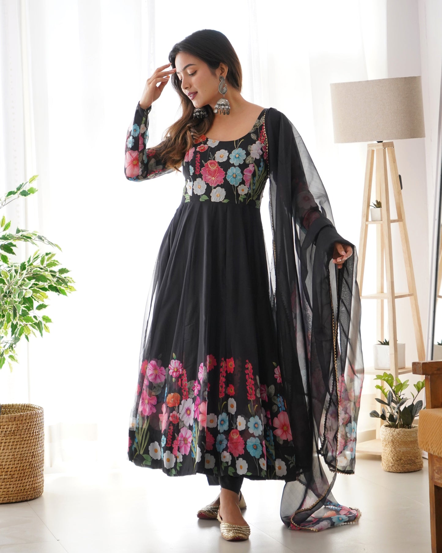 Designer Organza Silk Anarkali with Hand Embroidered Flower Work and Zipper Finish - Jaipuri Vastra