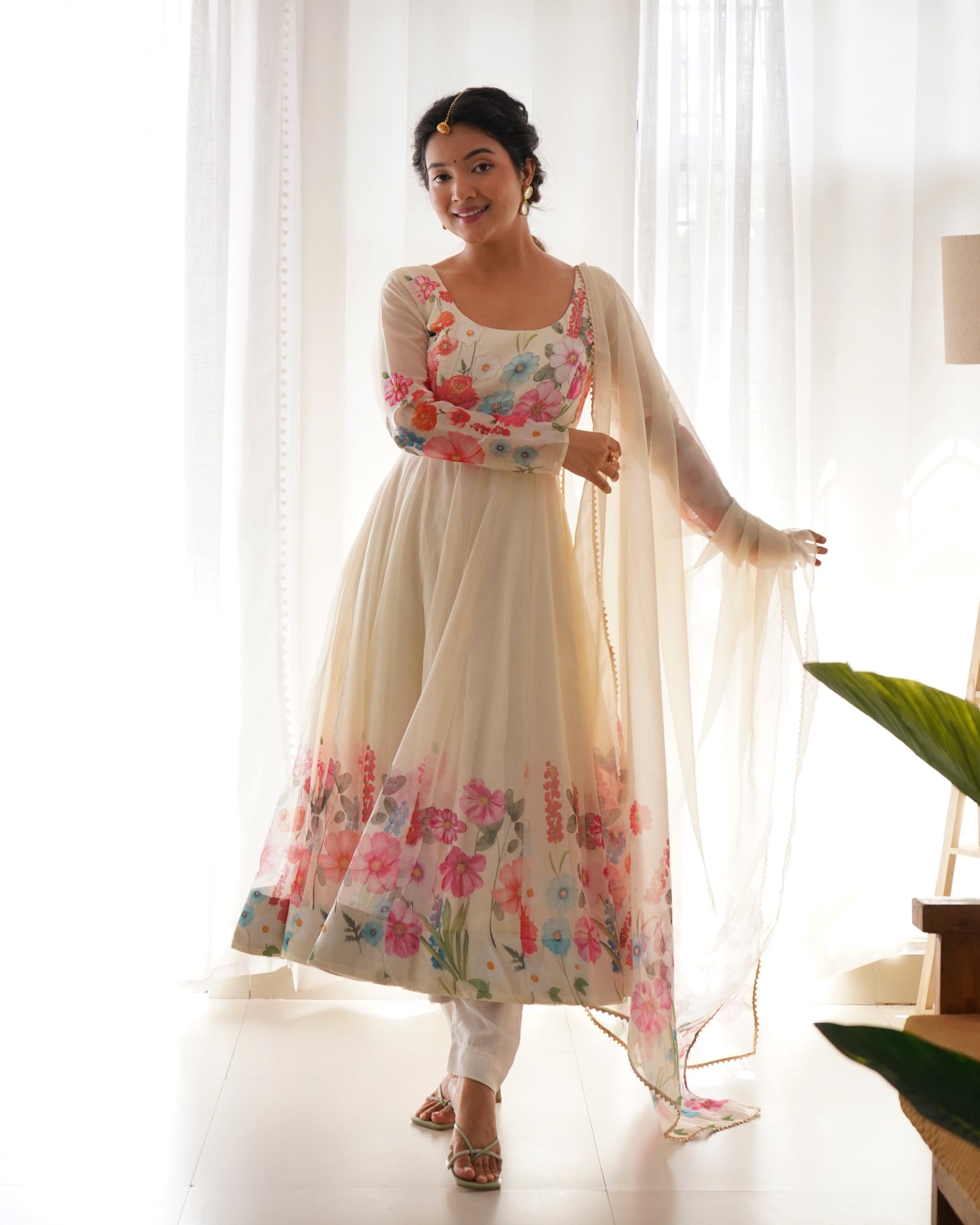 Designer Organza Silk Anarkali with Hand Embroidered Flower Work and Zipper Finish - Jaipuri Vastra