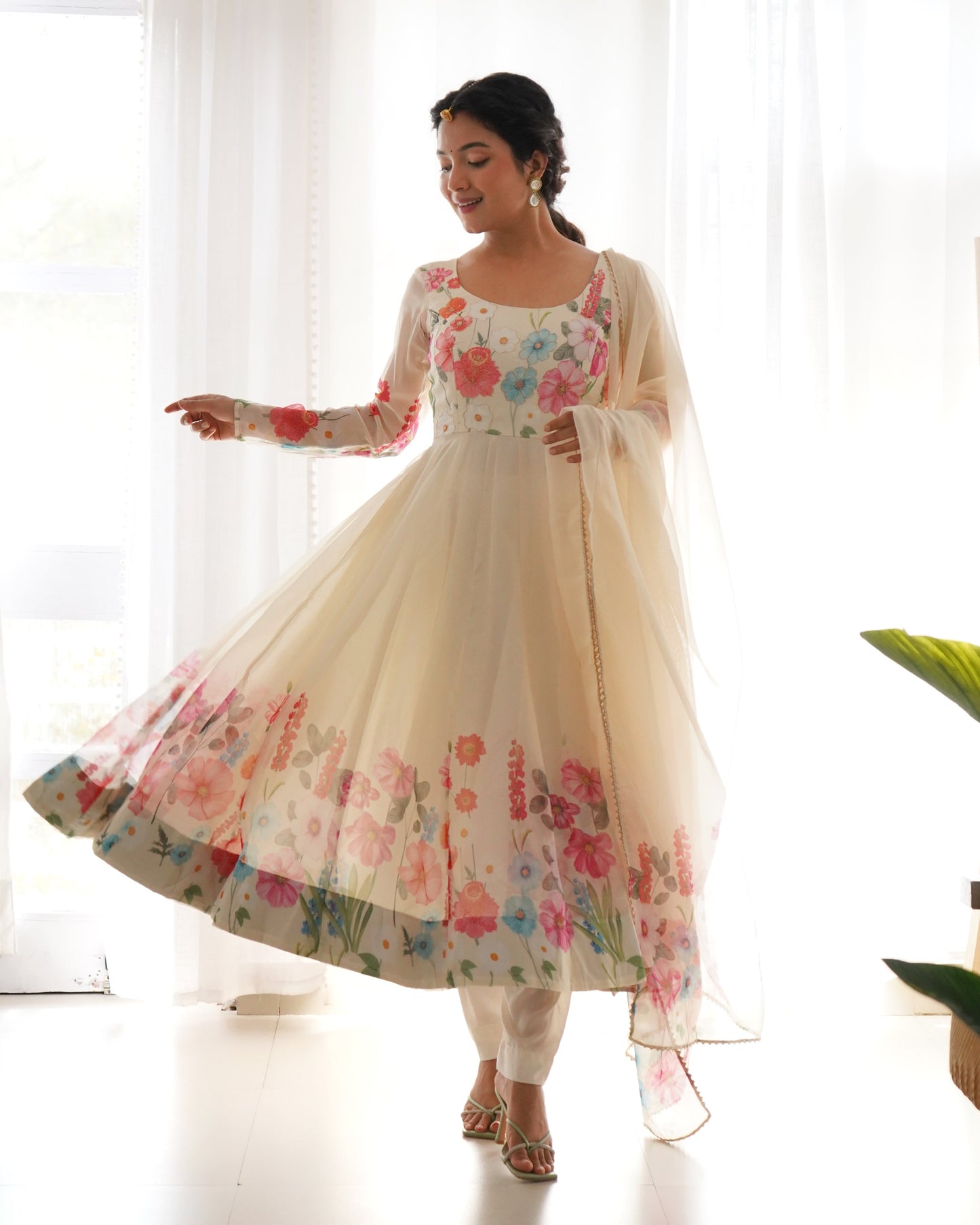 Designer Organza Silk Anarkali with Hand Embroidered Flower Work and Zipper Finish - Jaipuri Vastra