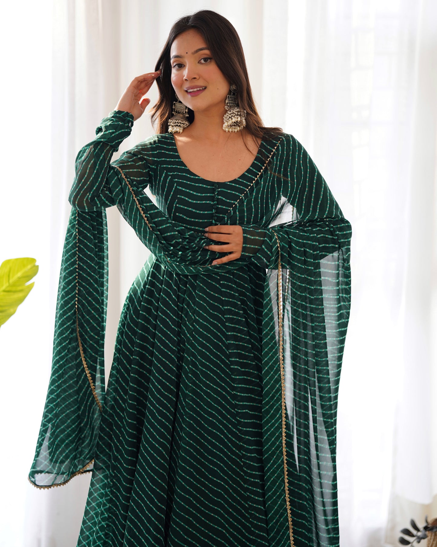 Fully Flared Laheriya Anarkali Suit Set in Pure Fox Georgette with Potli Button Detail - Jaipuri Vastra