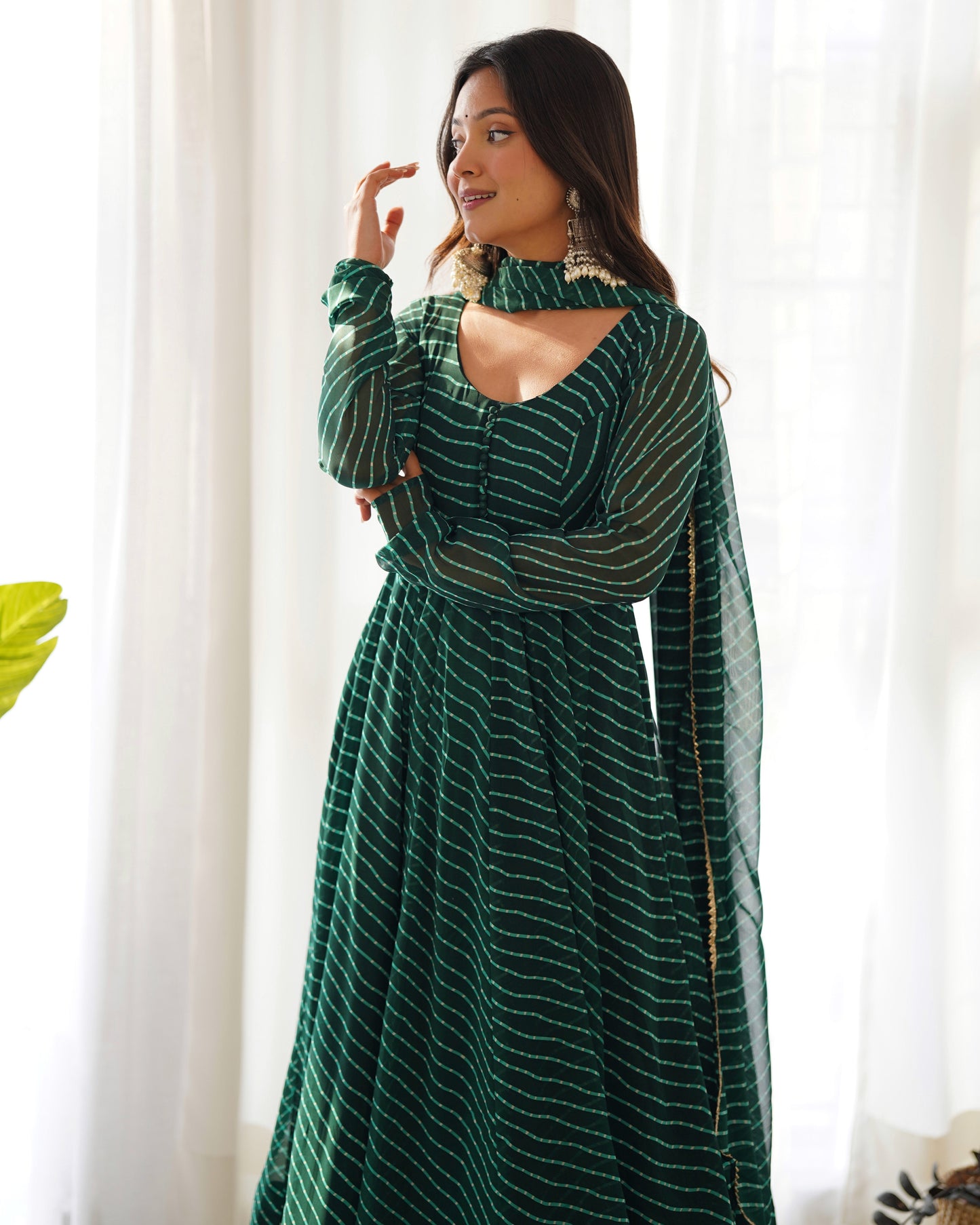 Fully Flared Laheriya Anarkali Suit Set in Pure Fox Georgette with Potli Button Detail - Jaipuri Vastra