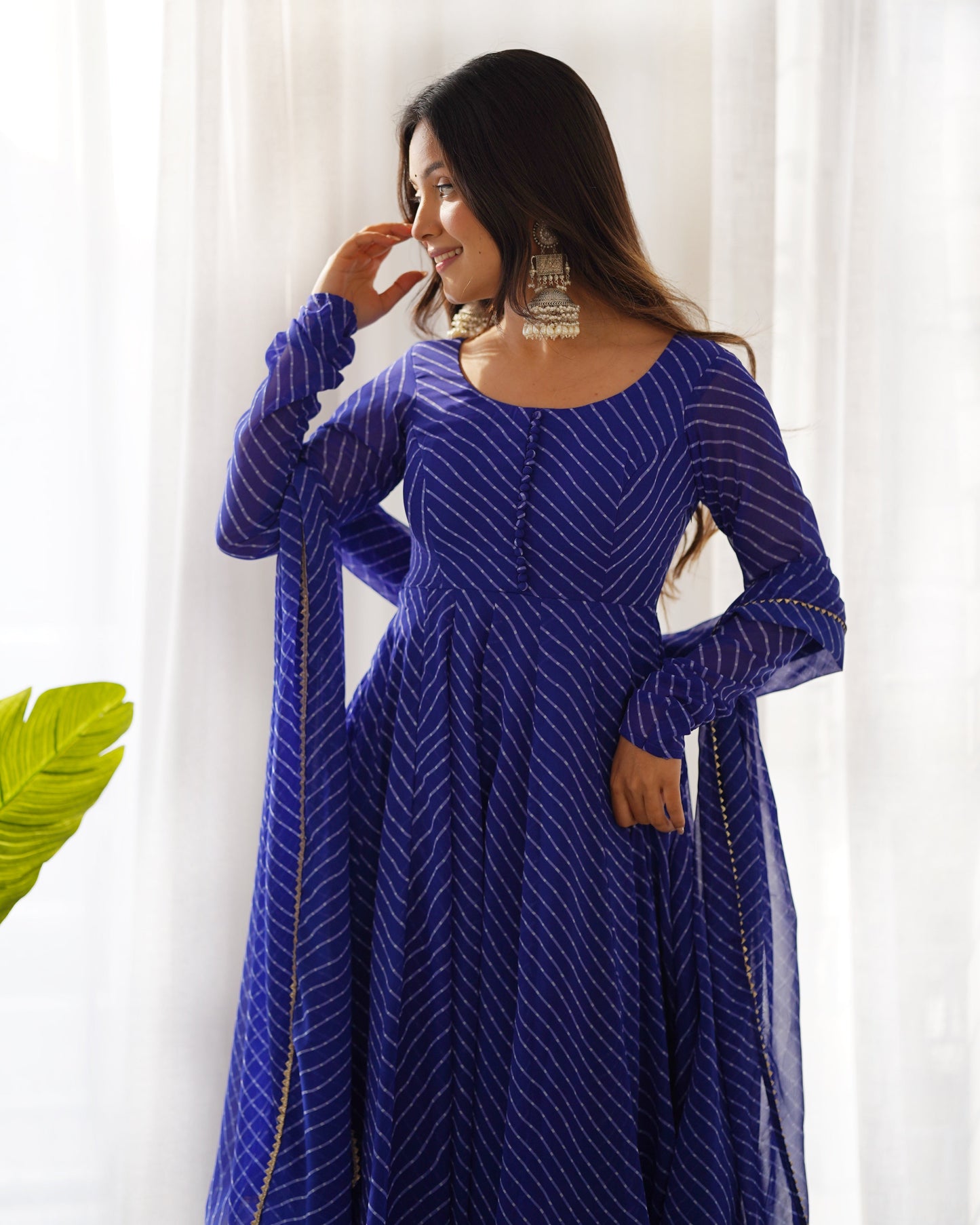 Fully Flared Laheriya Anarkali Suit Set in Pure Fox Georgette with Potli Button Detail - Jaipuri Vastra