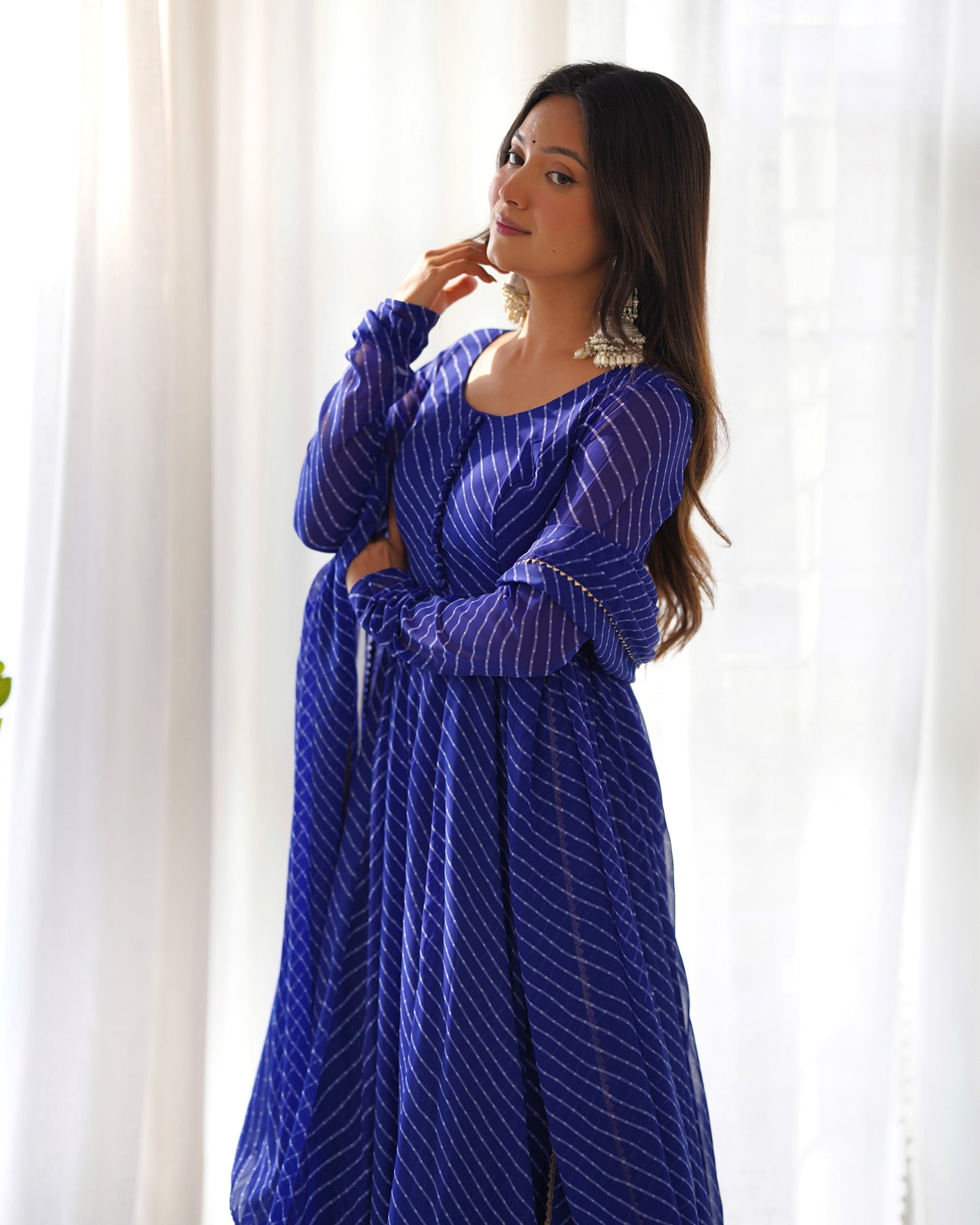 Fully Flared Laheriya Anarkali Suit Set in Pure Fox Georgette with Potli Button Detail - Jaipuri Vastra