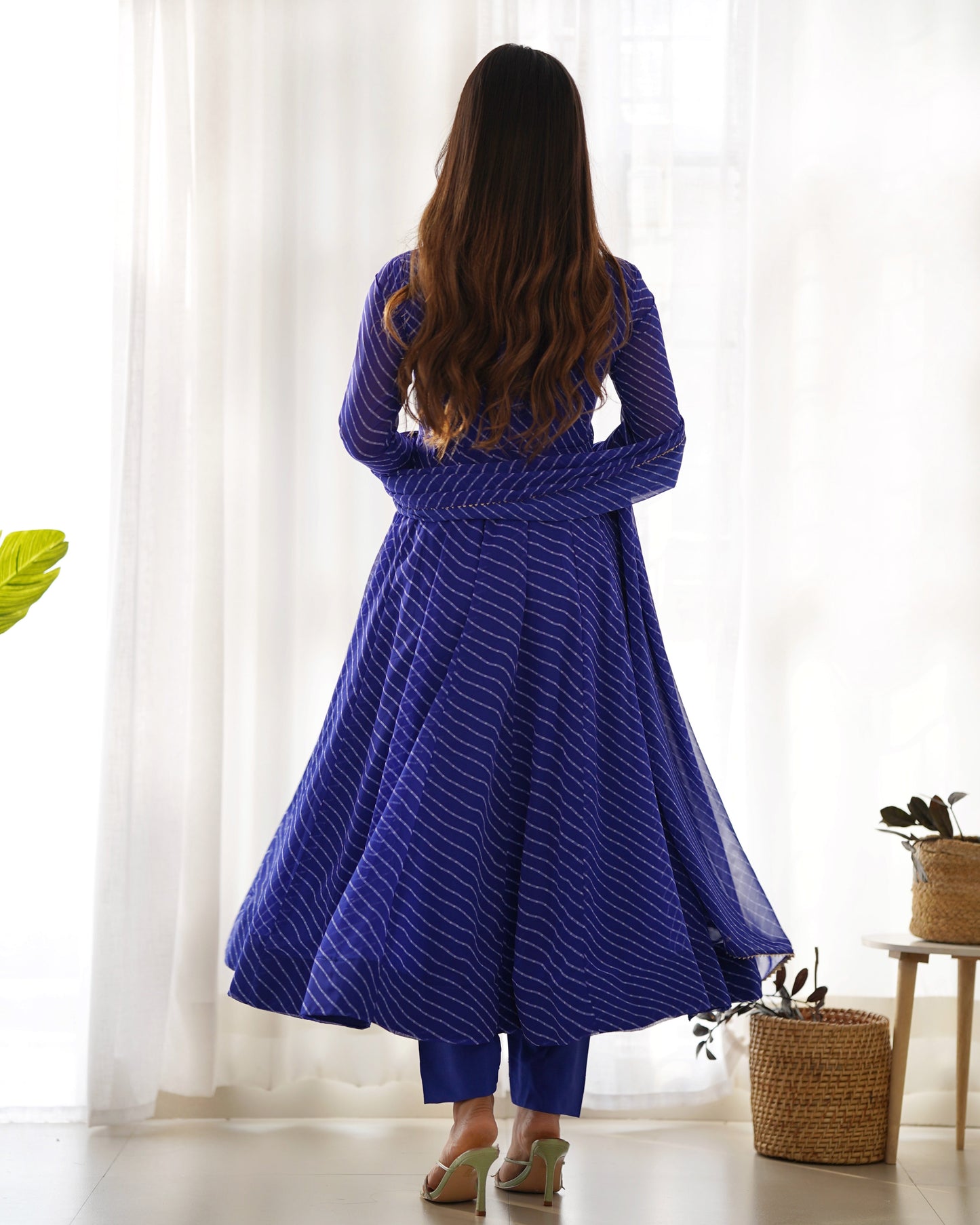 Fully Flared Laheriya Anarkali Suit Set in Pure Fox Georgette with Potli Button Detail - Jaipuri Vastra