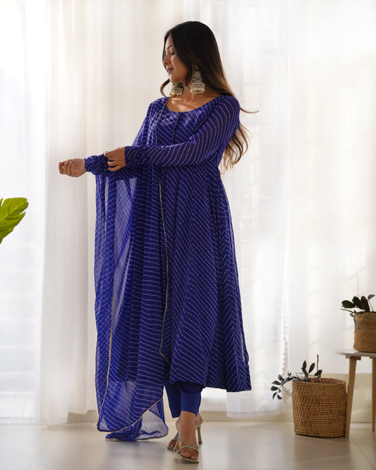 Fully Flared Laheriya Anarkali Suit Set in Pure Fox Georgette with Potli Button Detail - Jaipuri Vastra