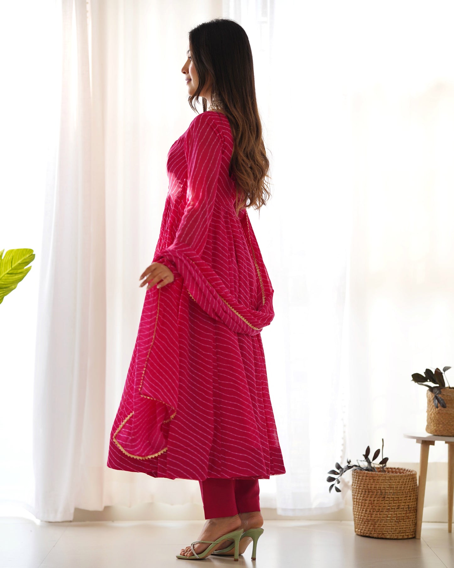 Fully Flared Laheriya Anarkali Suit Set in Pure Fox Georgette with Potli Button Detail - Jaipuri Vastra
