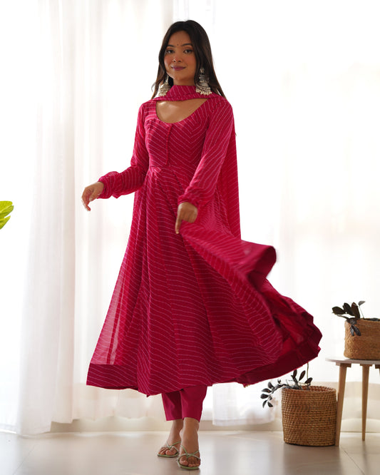 Fully Flared Laheriya Anarkali Suit Set in Pure Fox Georgette with Potli Button Detail - Jaipuri Vastra