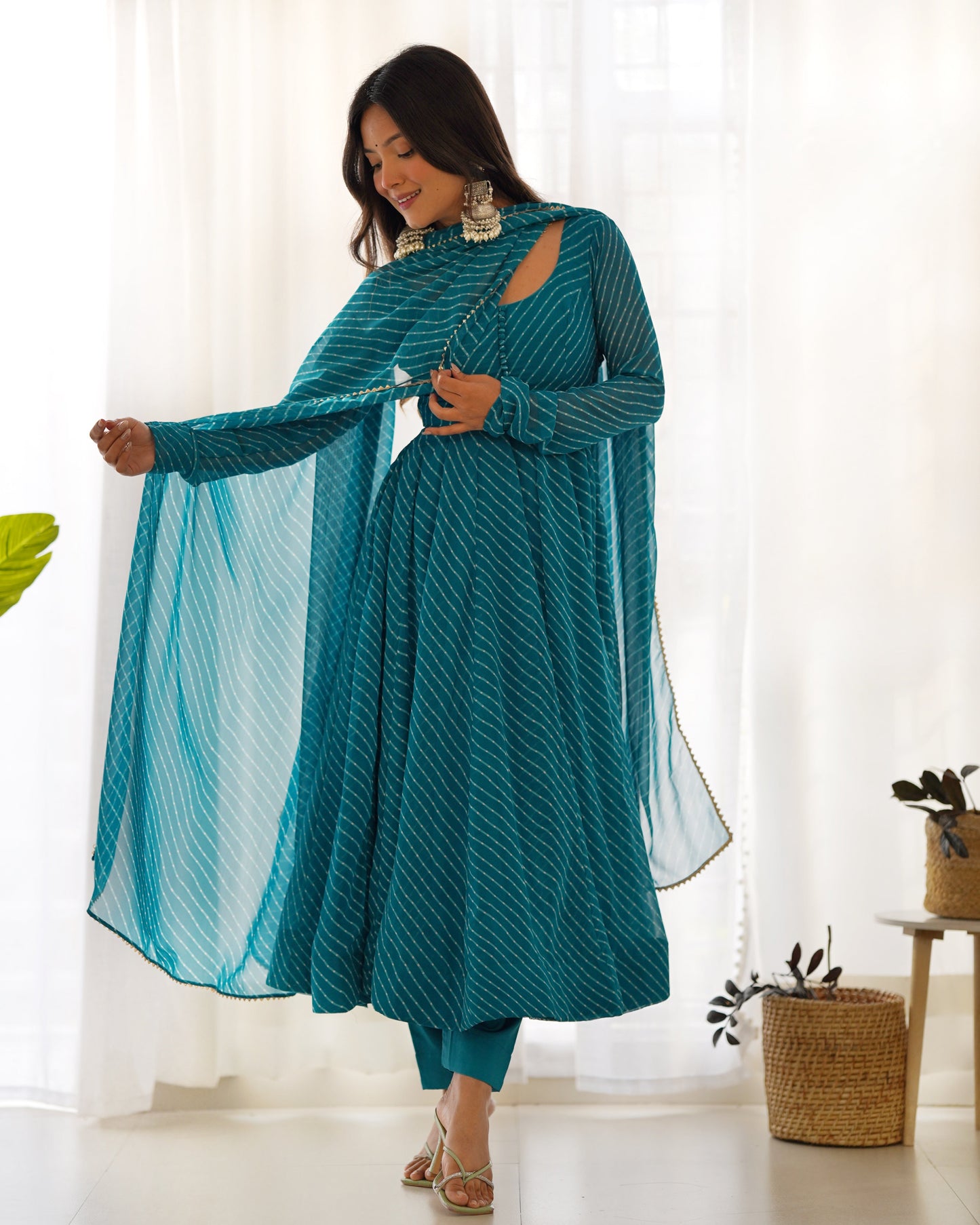 Fully Flared Laheriya Anarkali Suit Set in Pure Fox Georgette with Potli Button Detail - Jaipuri Vastra