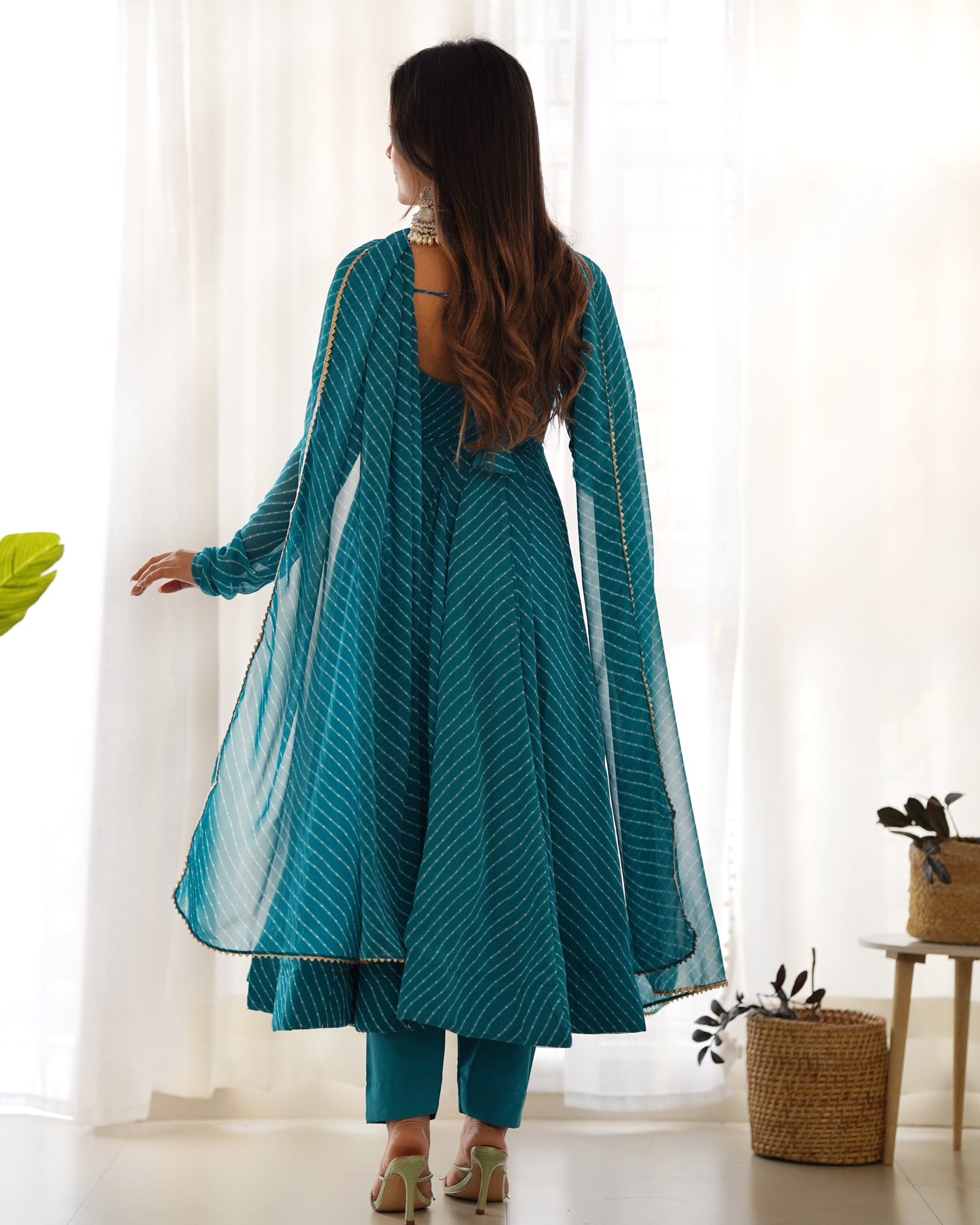 Fully Flared Laheriya Anarkali Suit Set in Pure Fox Georgette with Potli Button Detail - Jaipuri Vastra