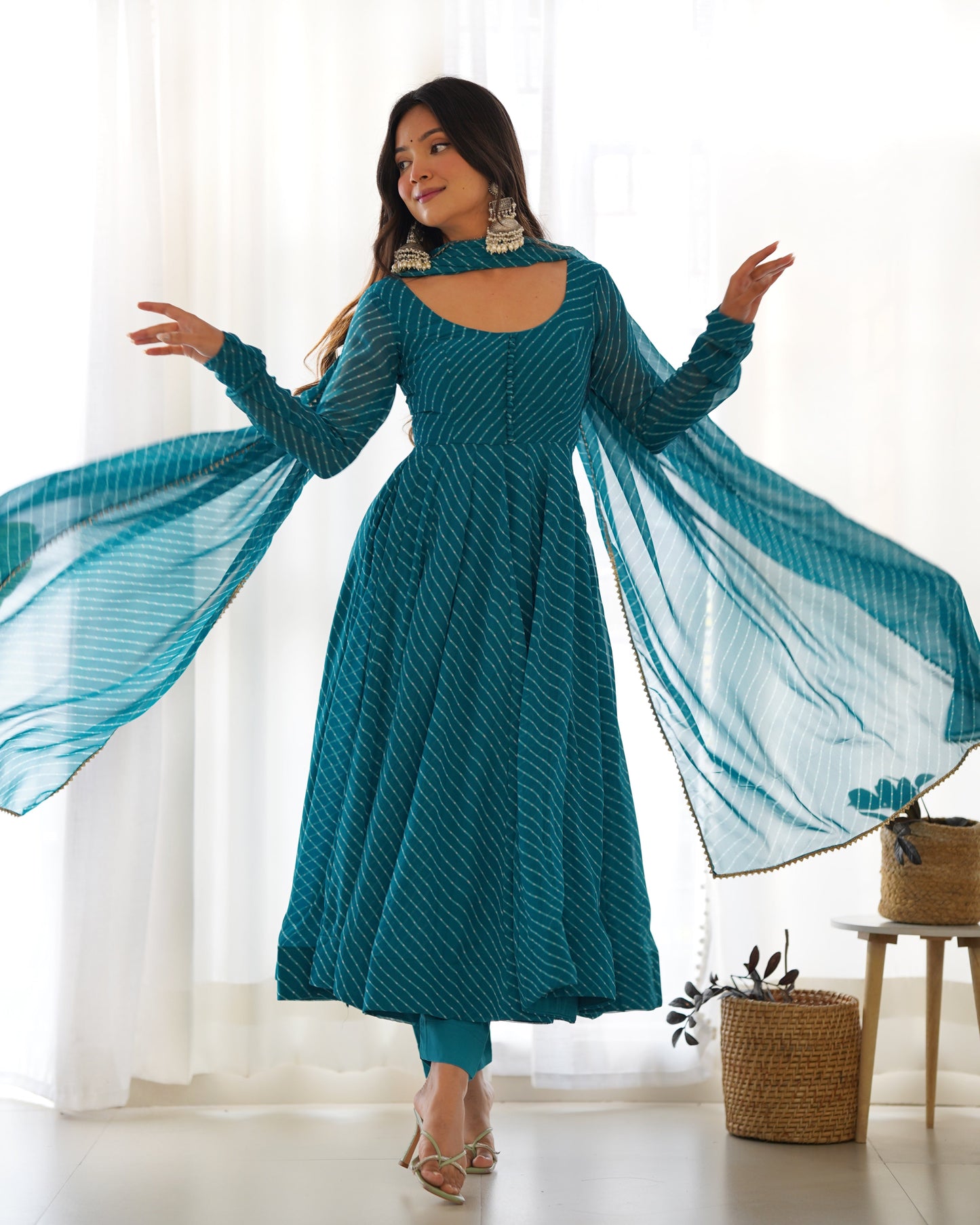 Fully Flared Laheriya Anarkali Suit Set in Pure Fox Georgette with Potli Button Detail - Jaipuri Vastra