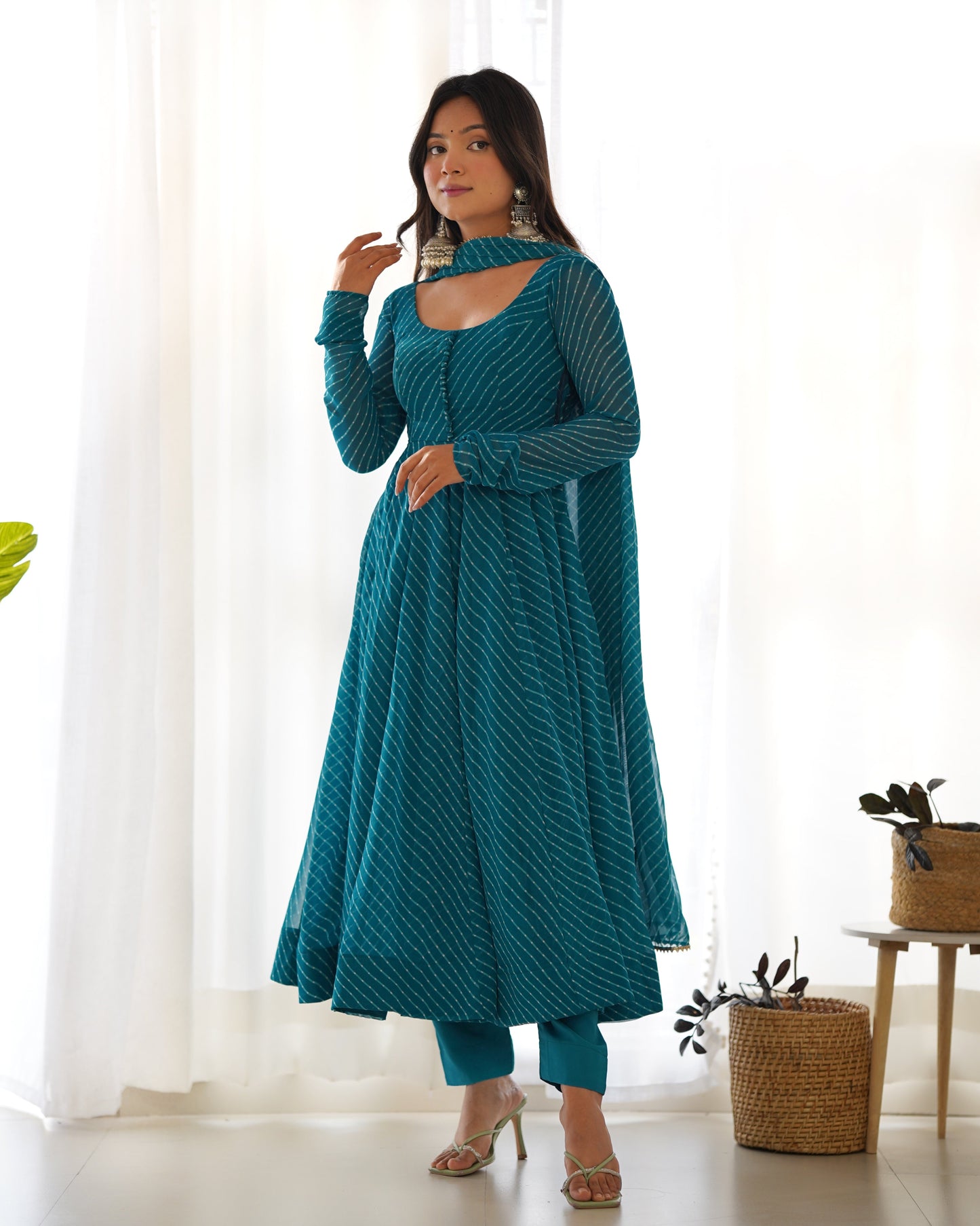 Fully Flared Laheriya Anarkali Suit Set in Pure Fox Georgette with Potli Button Detail - Jaipuri Vastra