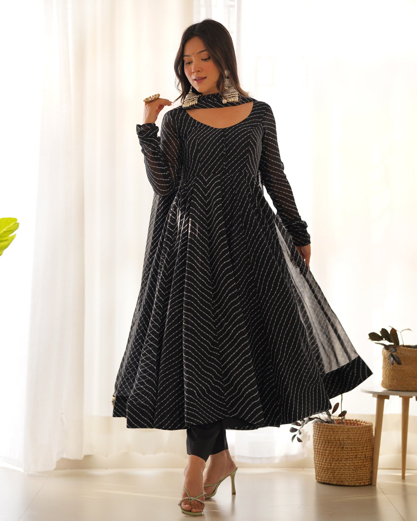 Fully Flared Laheriya Anarkali Suit Set in Pure Fox Georgette with Potli Button Detail - Jaipuri Vastra