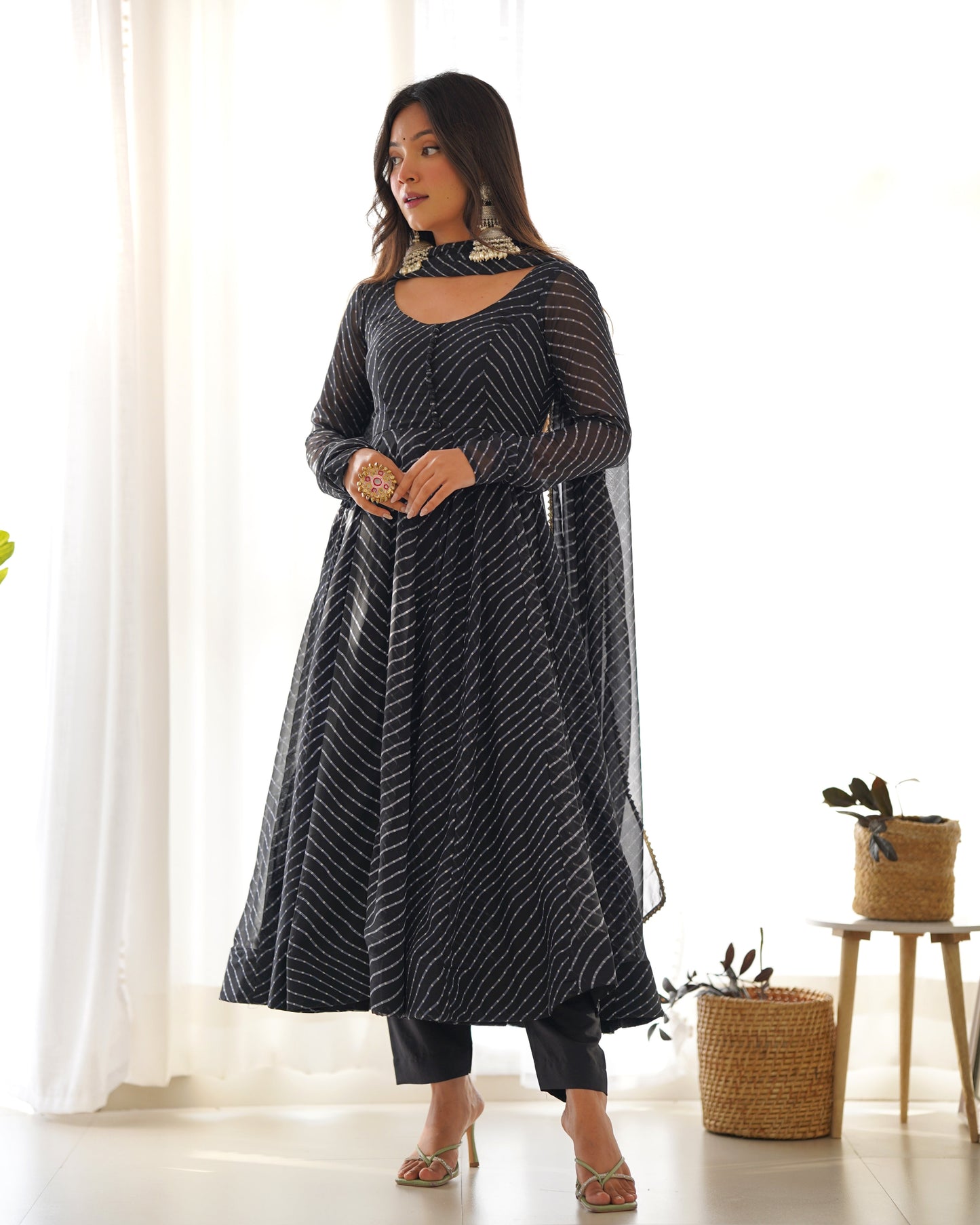 Fully Flared Laheriya Anarkali Suit Set in Pure Fox Georgette with Potli Button Detail - Jaipuri Vastra
