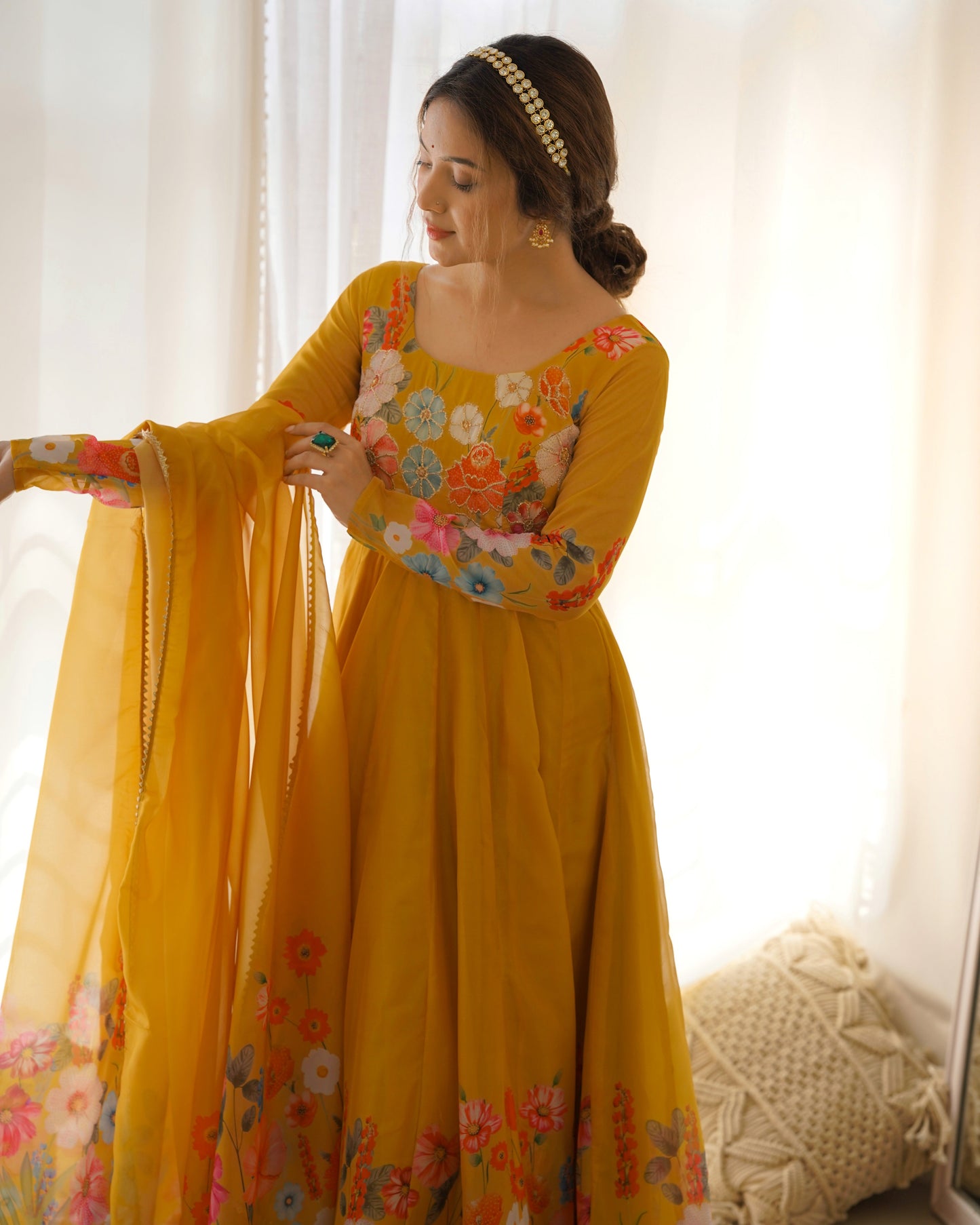 Designer Organza Silk Anarkali with Hand Embroidered Flower Work and Zipper Finish - Jaipuri Vastra