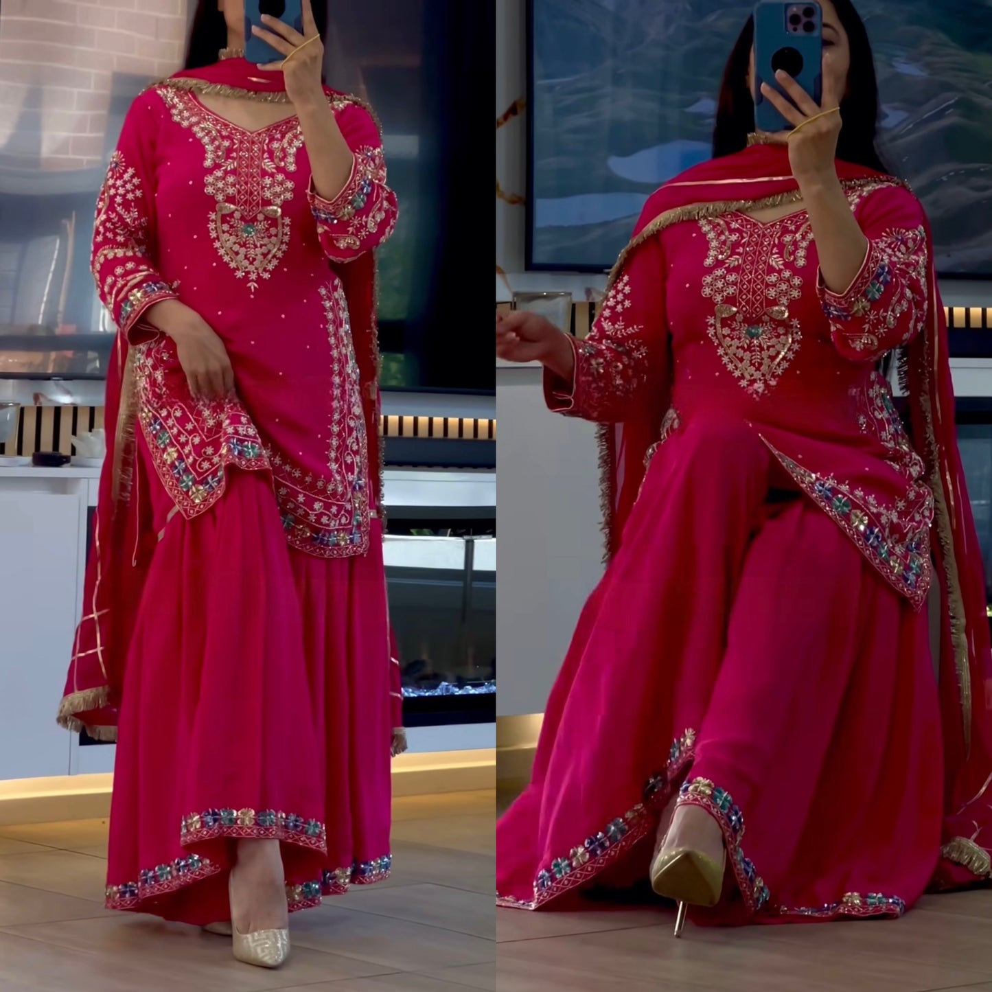 Premium Heavy Chinon Embroidered Sharara Suit – Designer Party Wear (Pink)