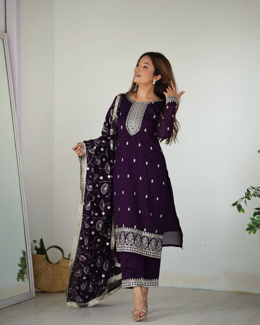 Elegant Blooming Vichitra Silk Straight Kurta Set with Embroidery & Jari Work - Jaipuri Vastra