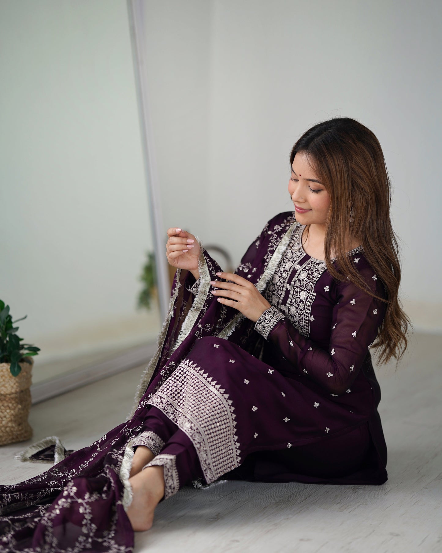 Embroidered Rangoli Silk Kurta Suit Set with Lace Accents and Round Neck - Jaipuri Vastra