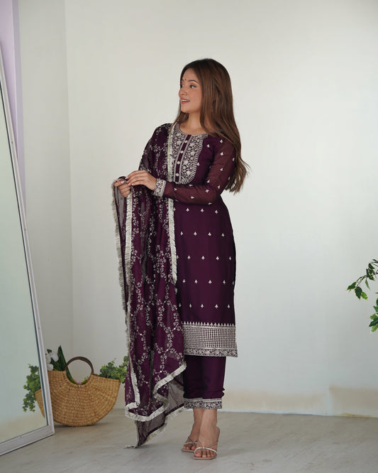 Embroidered Rangoli Silk Kurta Suit Set with Lace Accents and Round Neck - Jaipuri Vastra